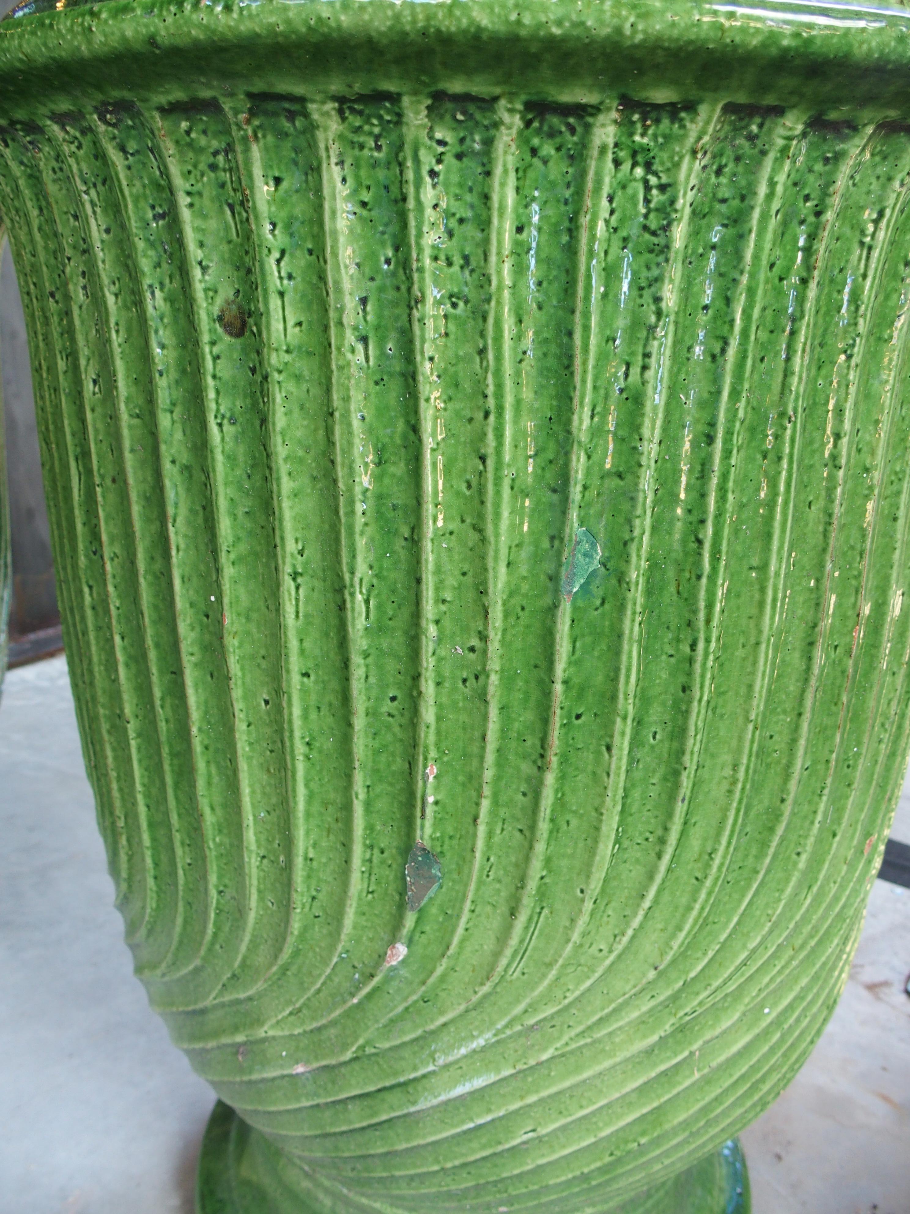 Pair of Striking French Green Striated Vintage Terra Cotta Anduze Pots, 1980s For Sale 11