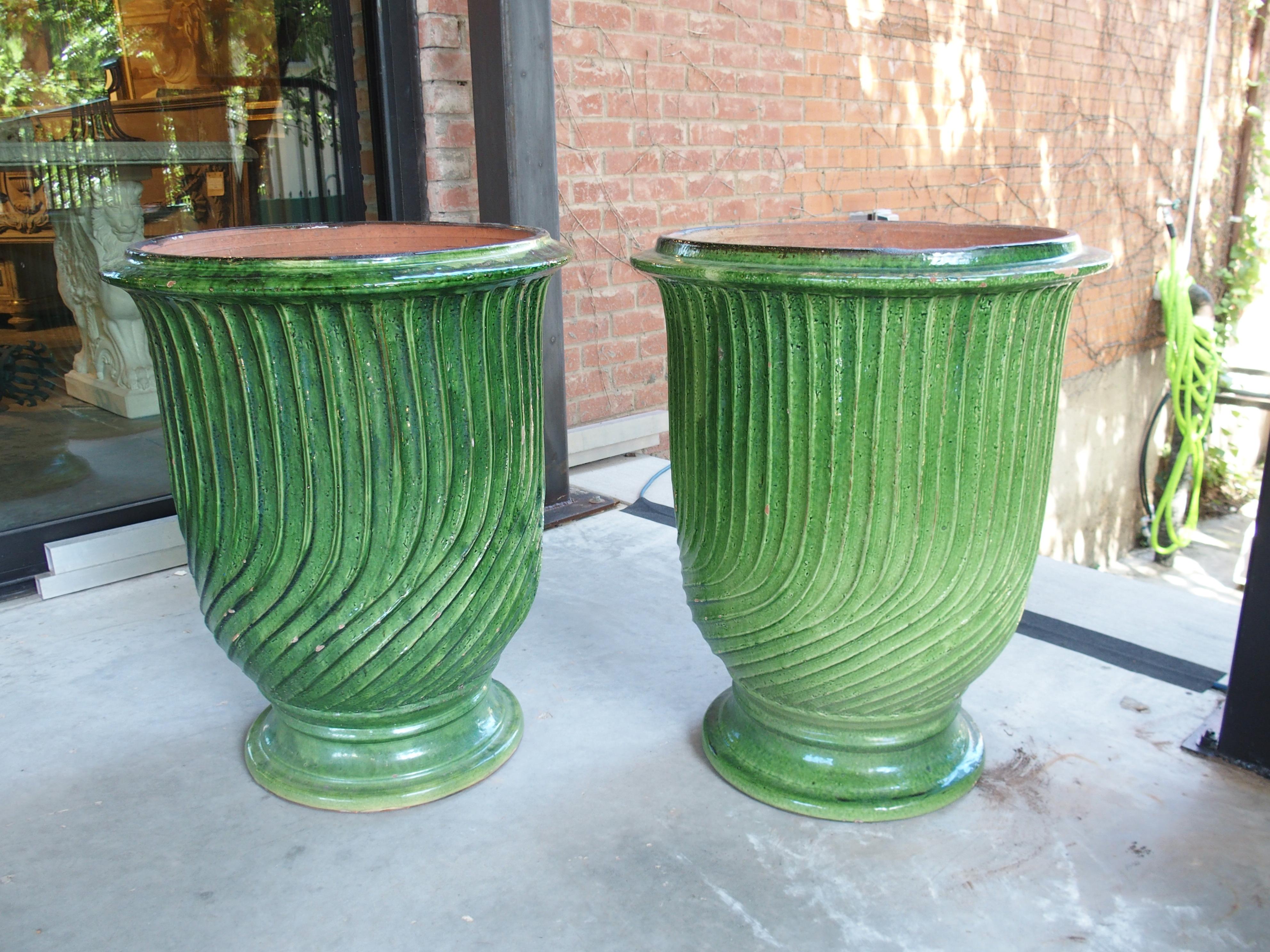 Pair of Striking French Green Striated Vintage Terra Cotta Anduze Pots, 1980s For Sale 12