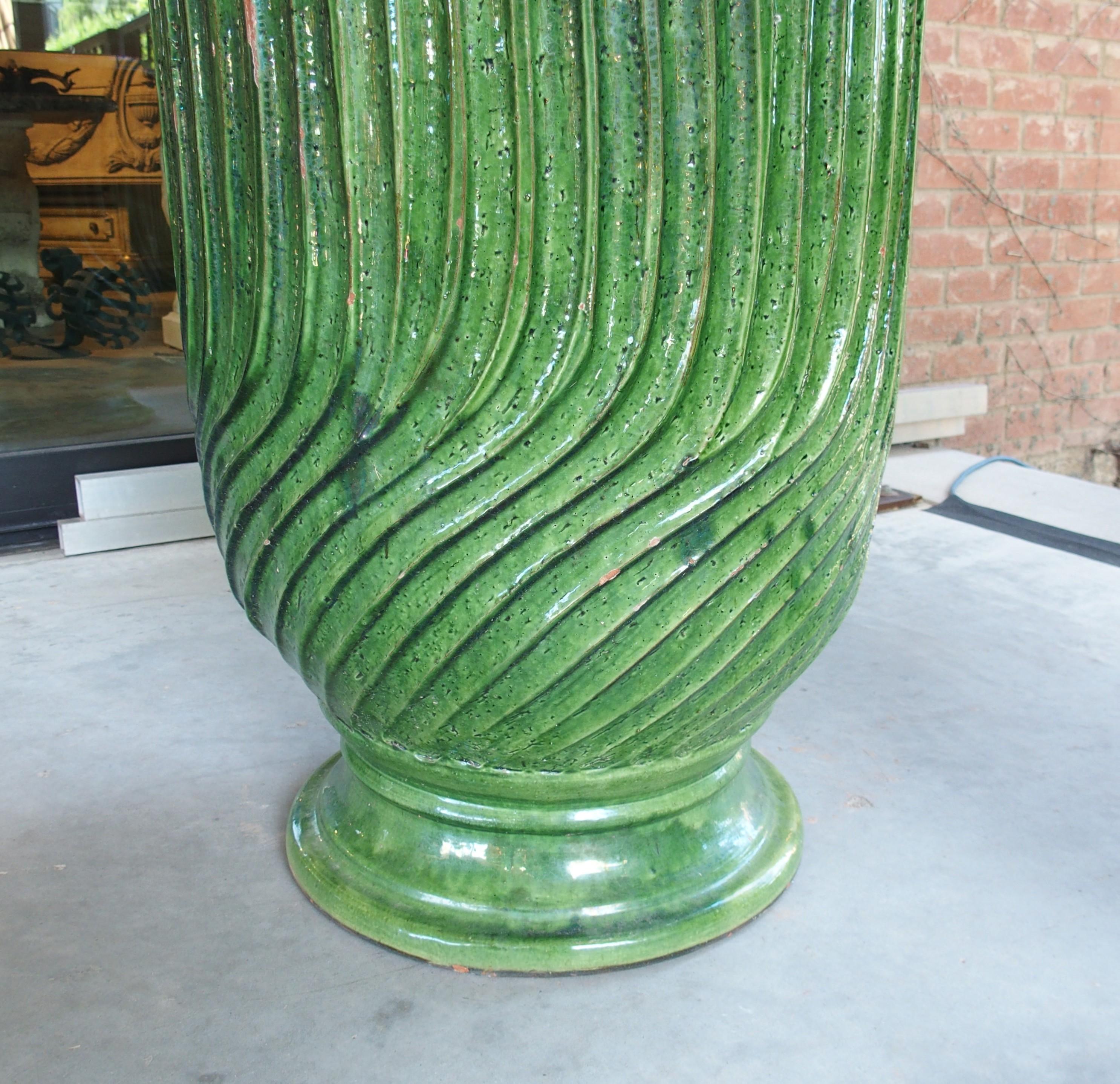 Pair of Striking French Green Striated Vintage Terra Cotta Anduze Pots, 1980s For Sale 13