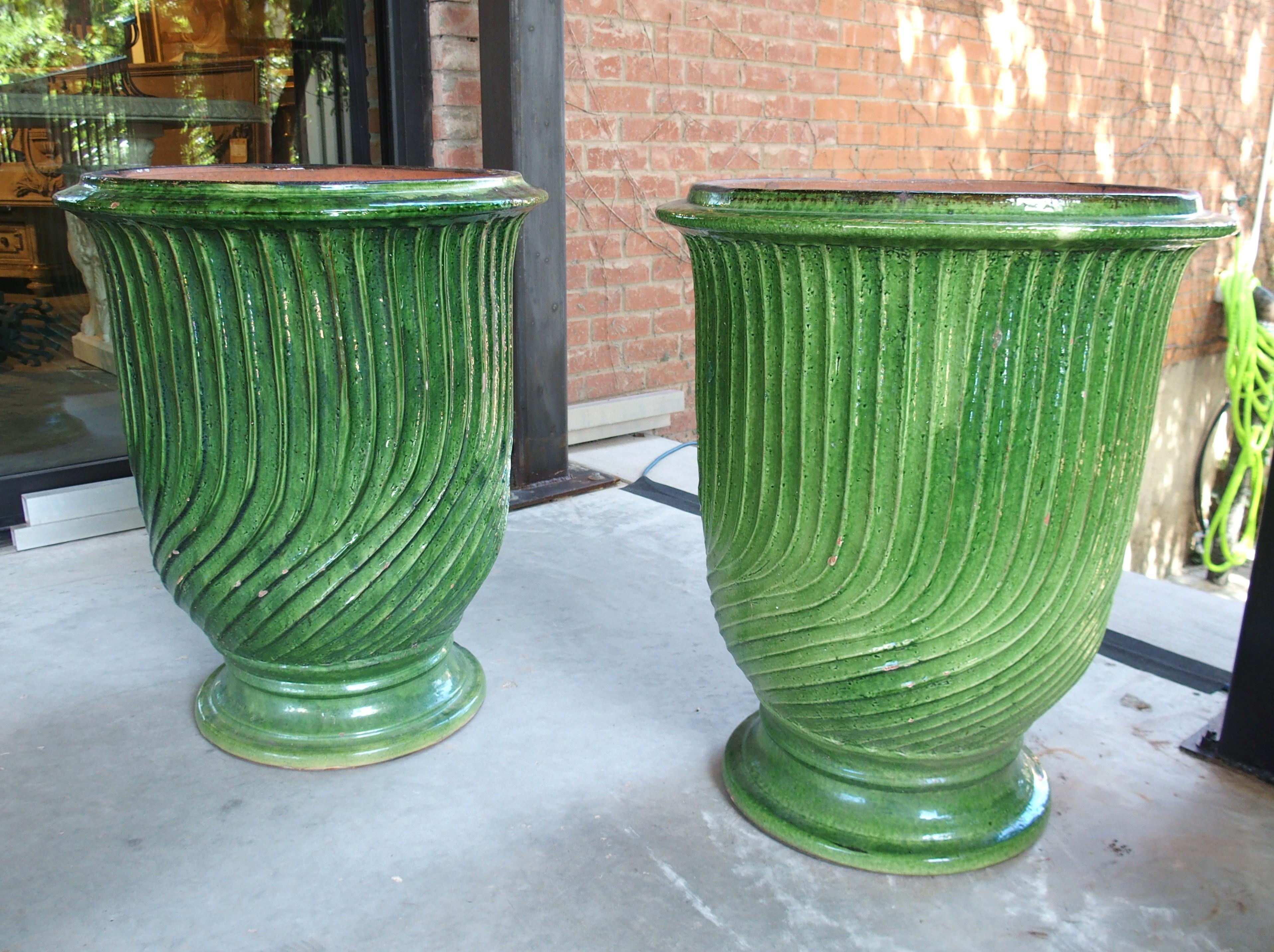 Pair of Striking French Green Striated Vintage Terra Cotta Anduze Pots, 1980s For Sale 14