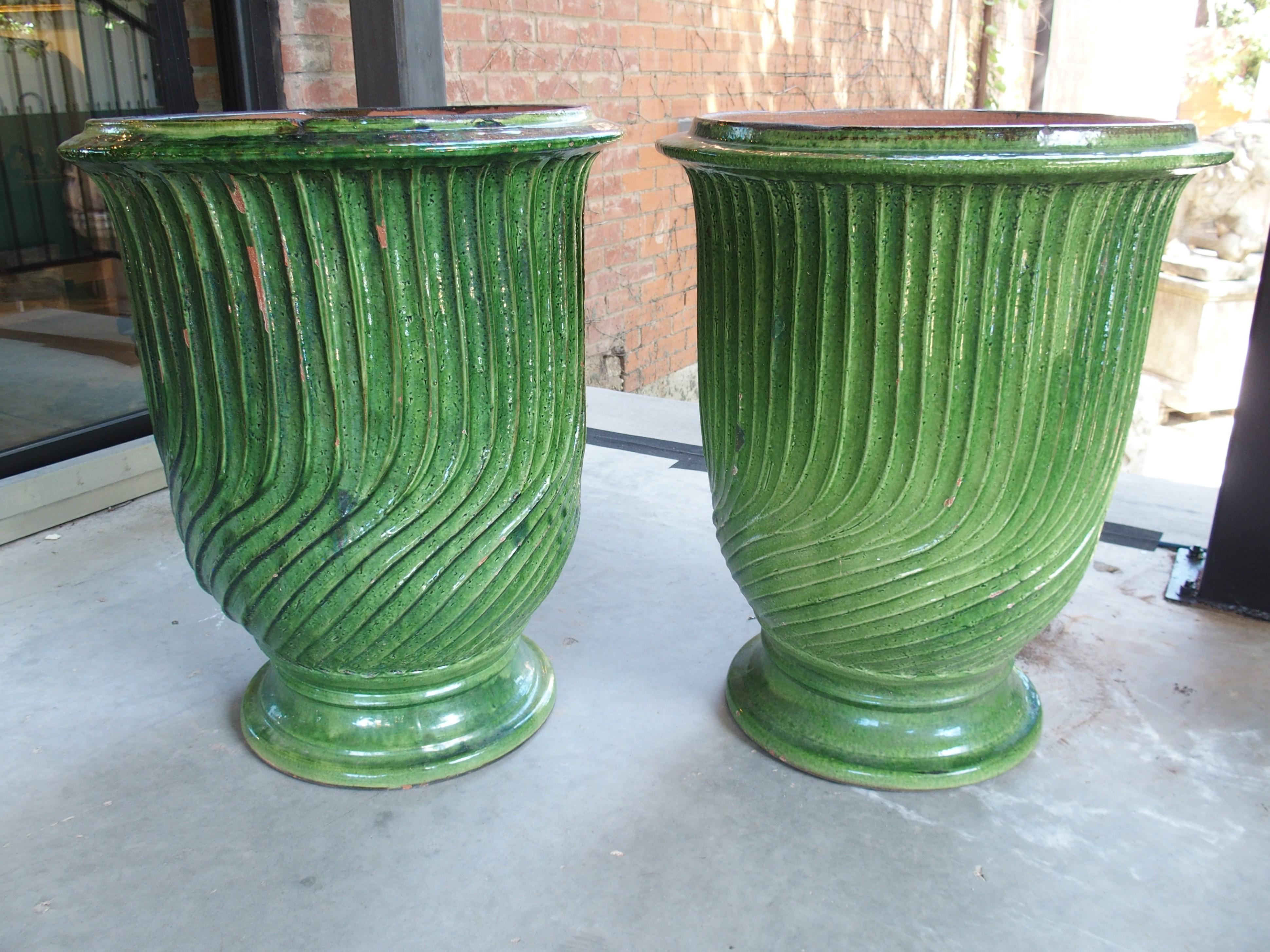 Hand-Painted Pair of Striking French Green Striated Vintage Terra Cotta Anduze Pots, 1980s For Sale