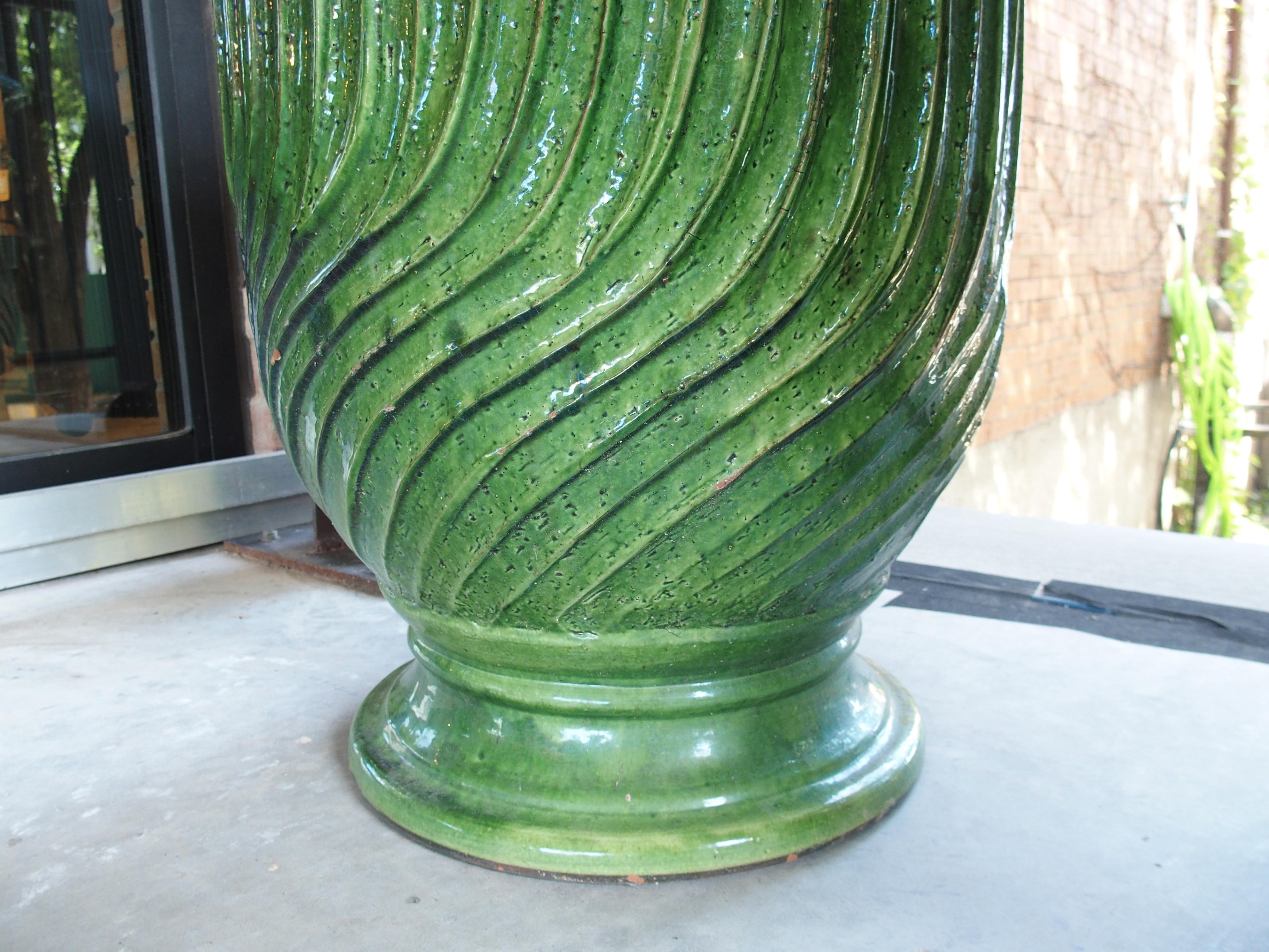 Late 20th Century Pair of Striking French Green Striated Vintage Terra Cotta Anduze Pots, 1980s For Sale
