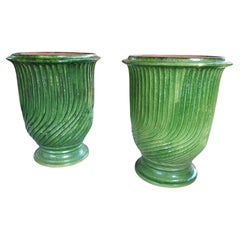 Pair of Striking French Green Striated Vintage Terra Cotta Anduze Pots, 1980s