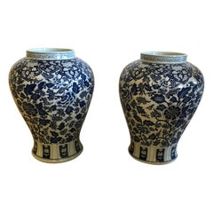 Pair of Striking Large Blue and White Chinese Vases Temple Jars