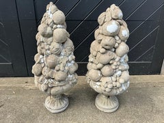 Pair of Striking Vintage Cement Obelisk Shaped Fruit Basket Garden Sculptures