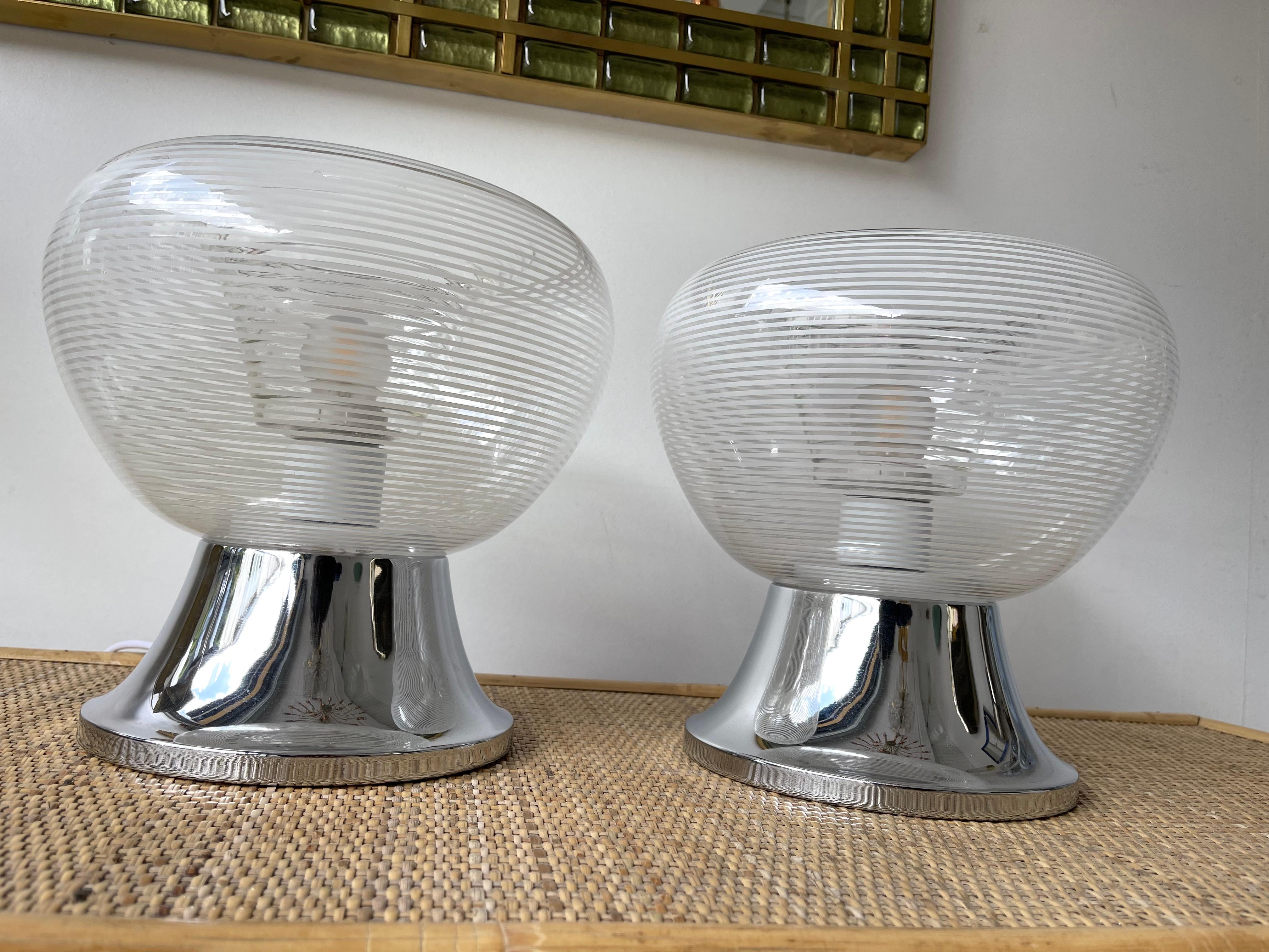 Pair of Stripe Murano Glass and Metal Chrome Lamps by VeArt, Italy, 1970s For Sale 6