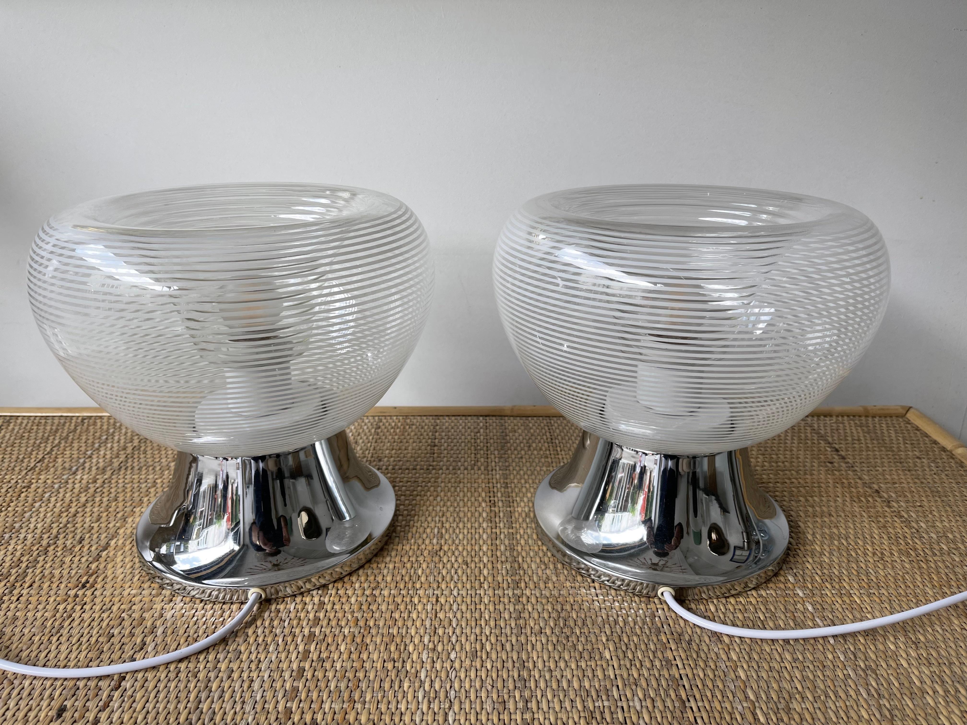 Pair of Stripe Murano Glass and Metal Chrome Lamps by VeArt, Italy, 1970s For Sale 7