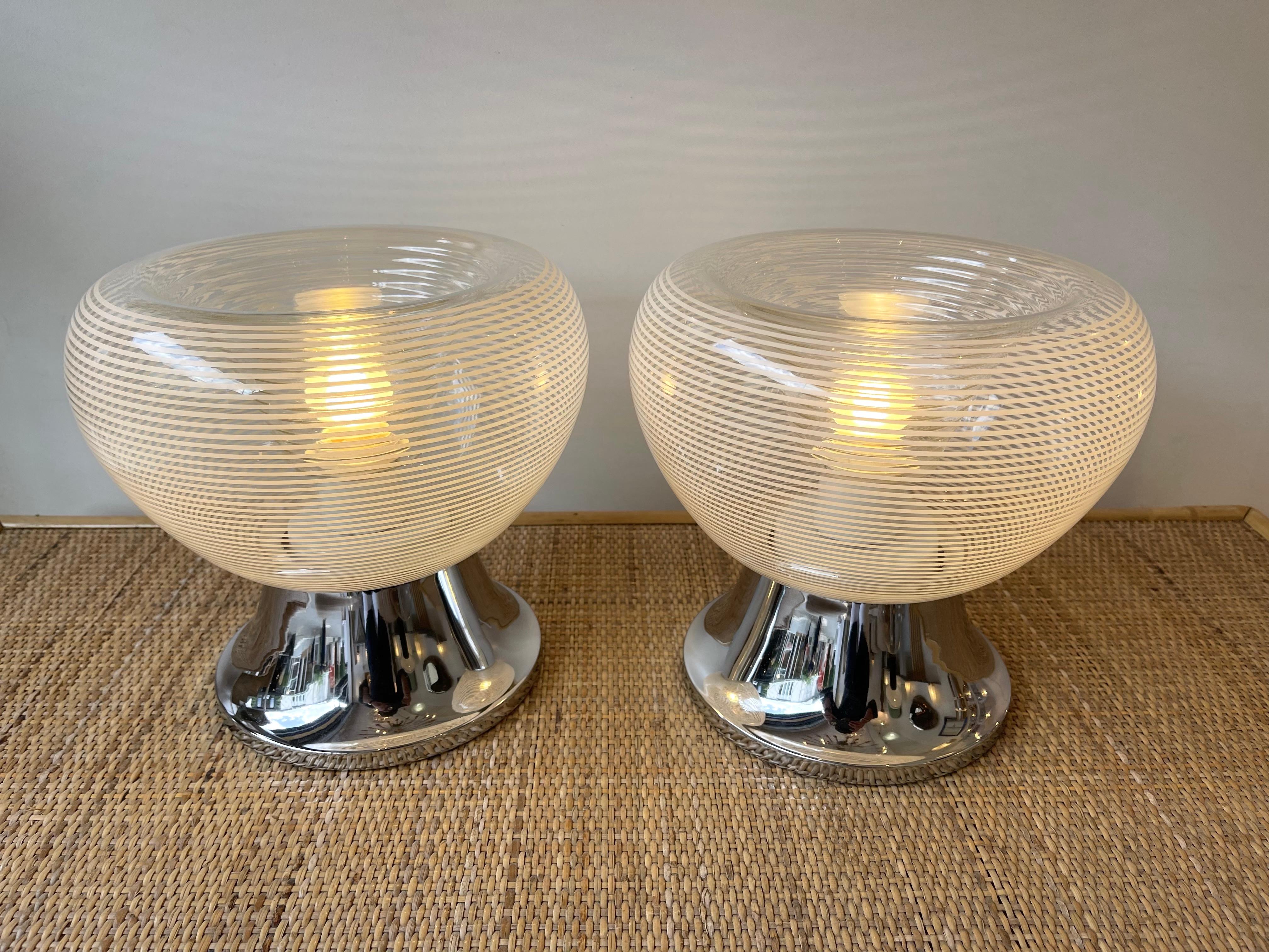 Late 20th Century Pair of Stripe Murano Glass and Metal Chrome Lamps by VeArt, Italy, 1970s For Sale