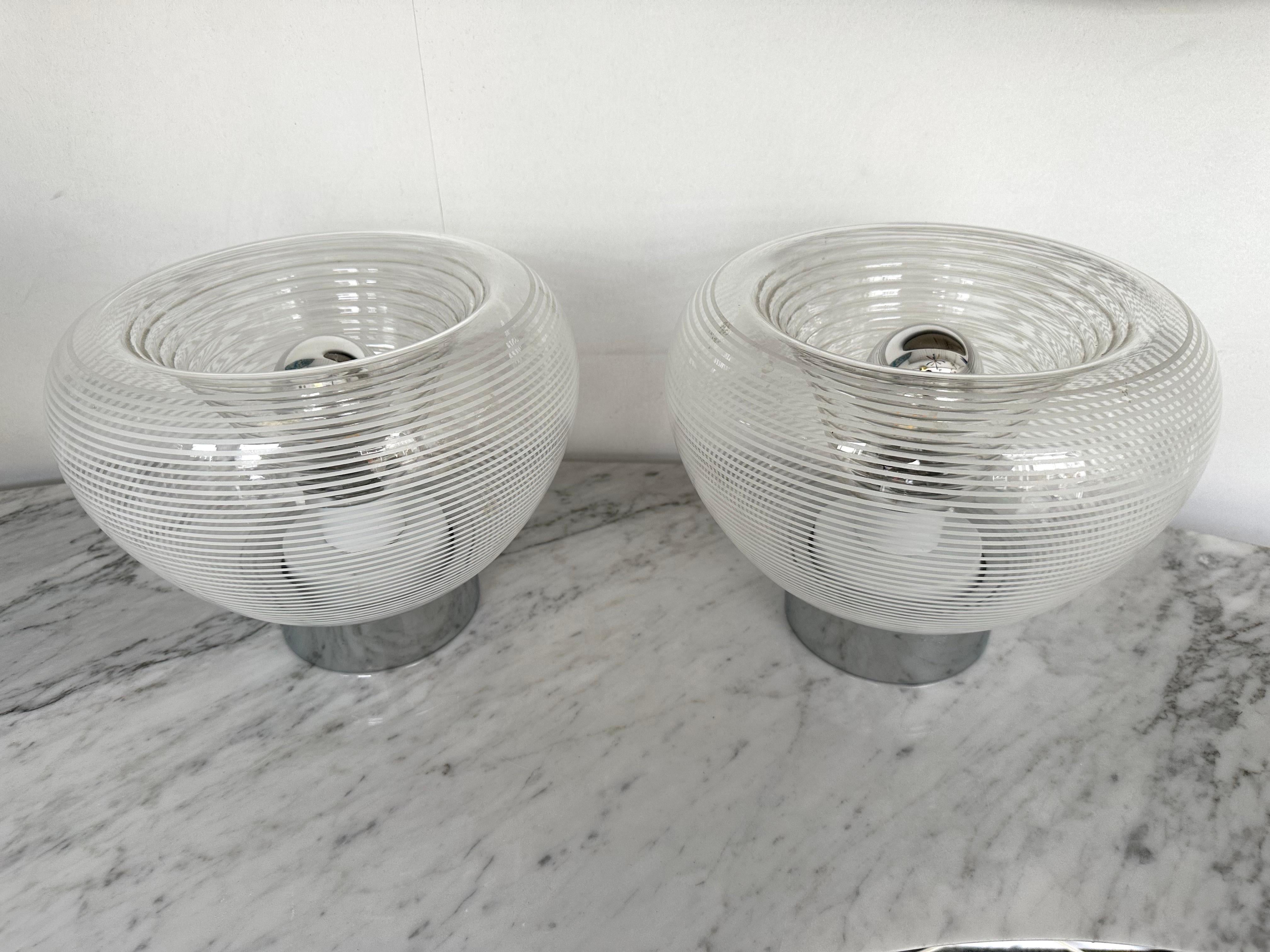Late 20th Century Pair of Stripe Murano Glass and Metal Chrome Lamps by VeArt, Italy, 1970s For Sale