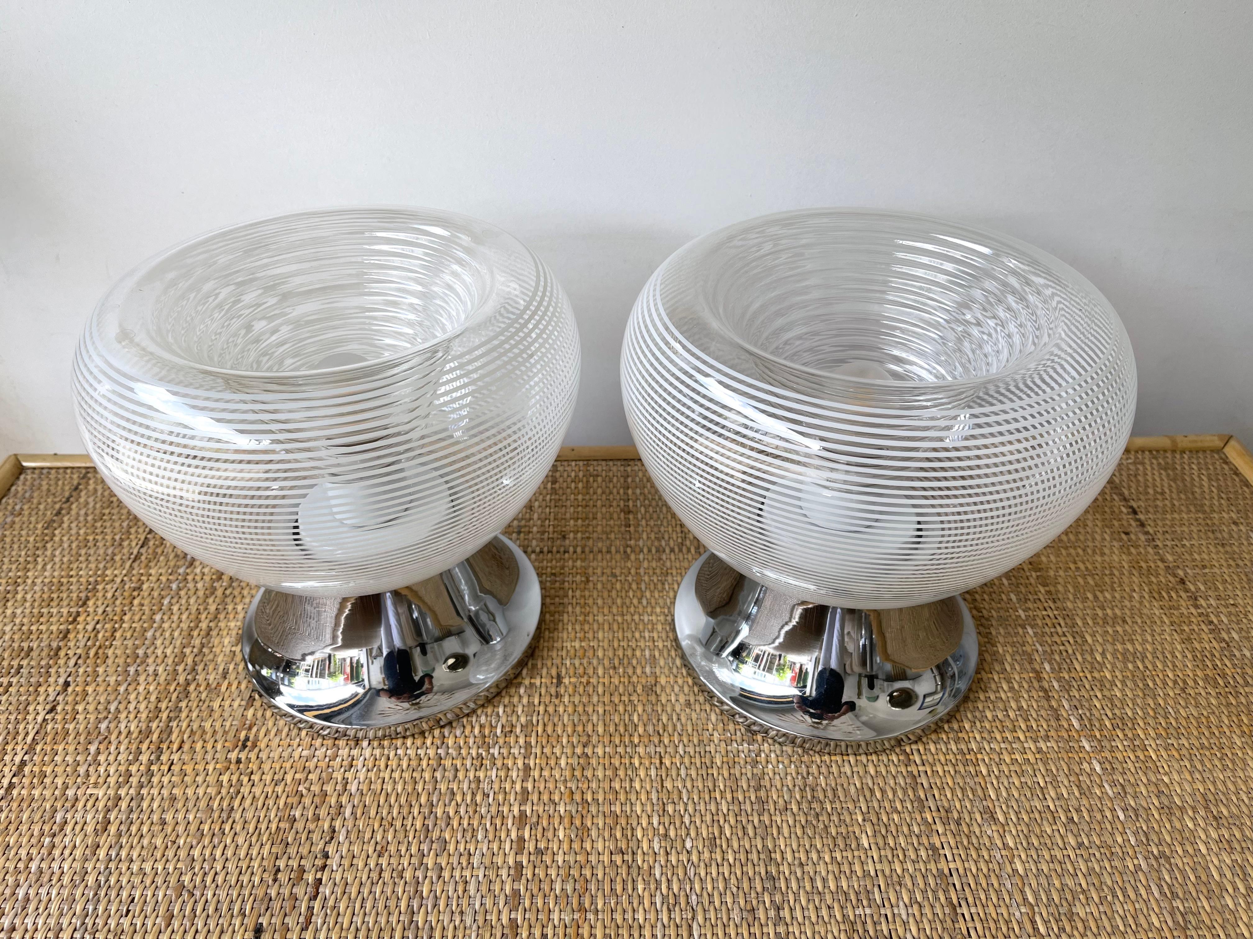 Blown Glass Pair of Stripe Murano Glass and Metal Chrome Lamps by VeArt, Italy, 1970s For Sale