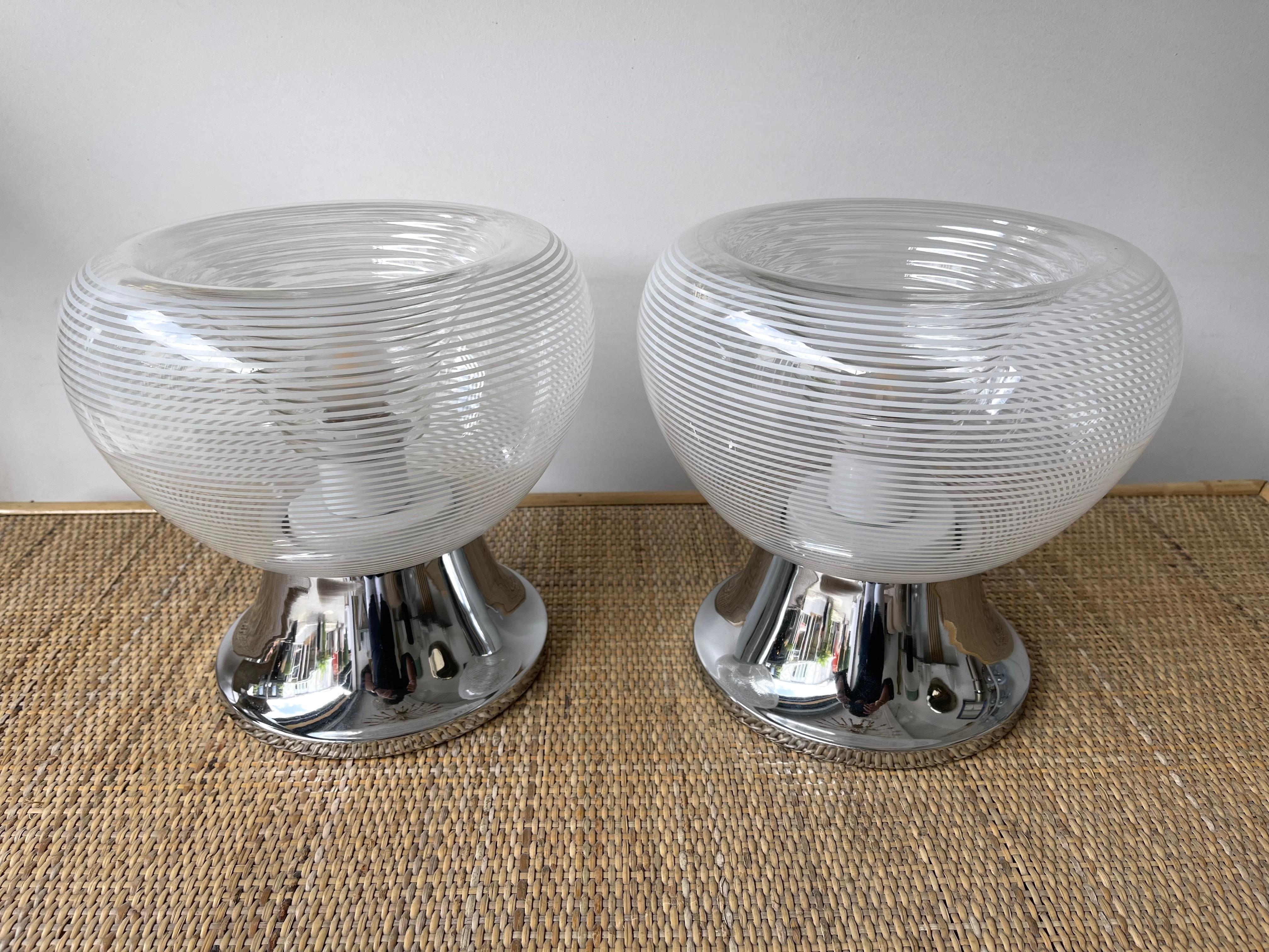 Pair of Stripe Murano Glass and Metal Chrome Lamps by VeArt, Italy, 1970s For Sale 1