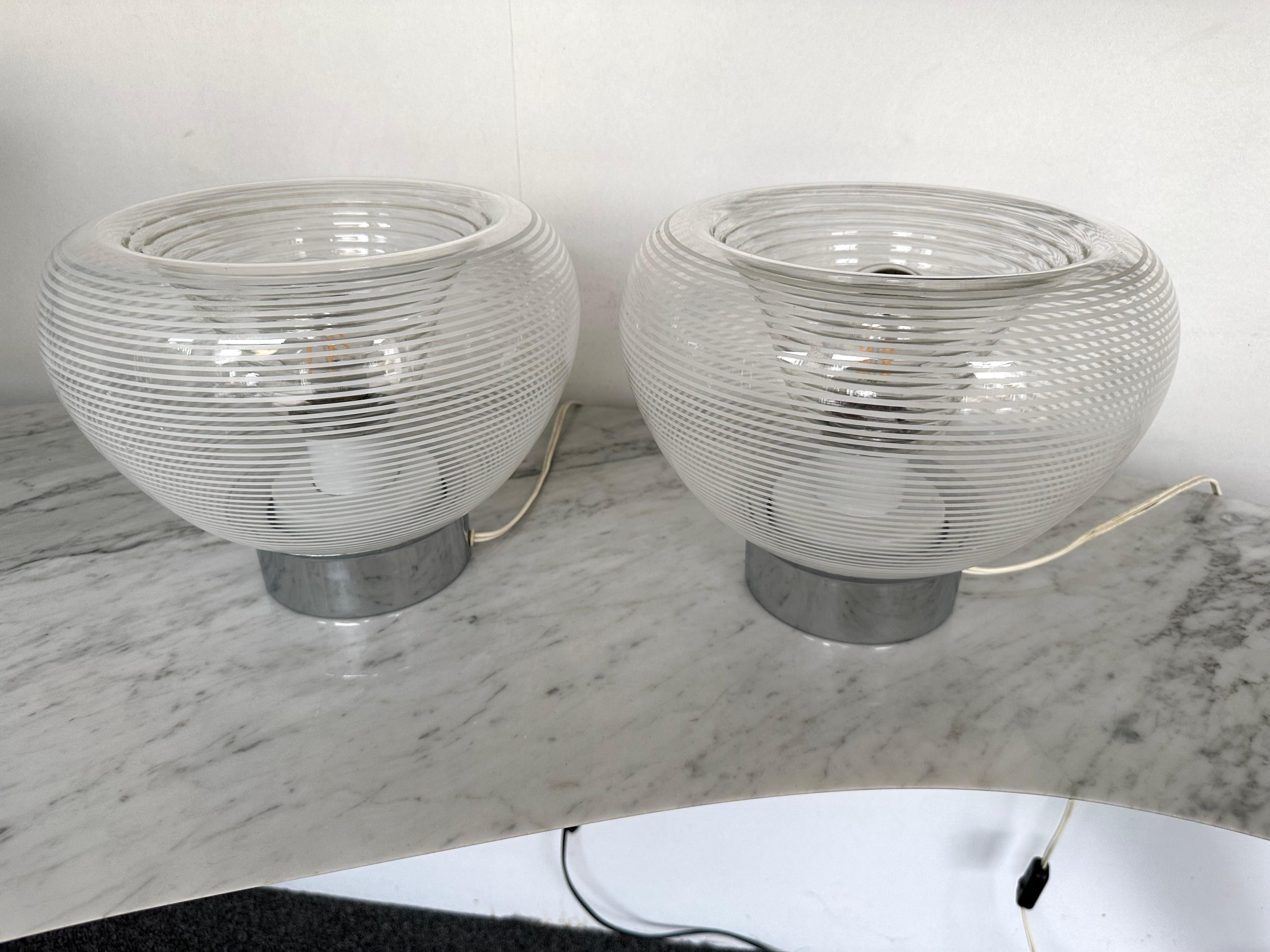 Pair of Stripe Murano Glass and Metal Chrome Lamps by VeArt, Italy, 1970s For Sale 3