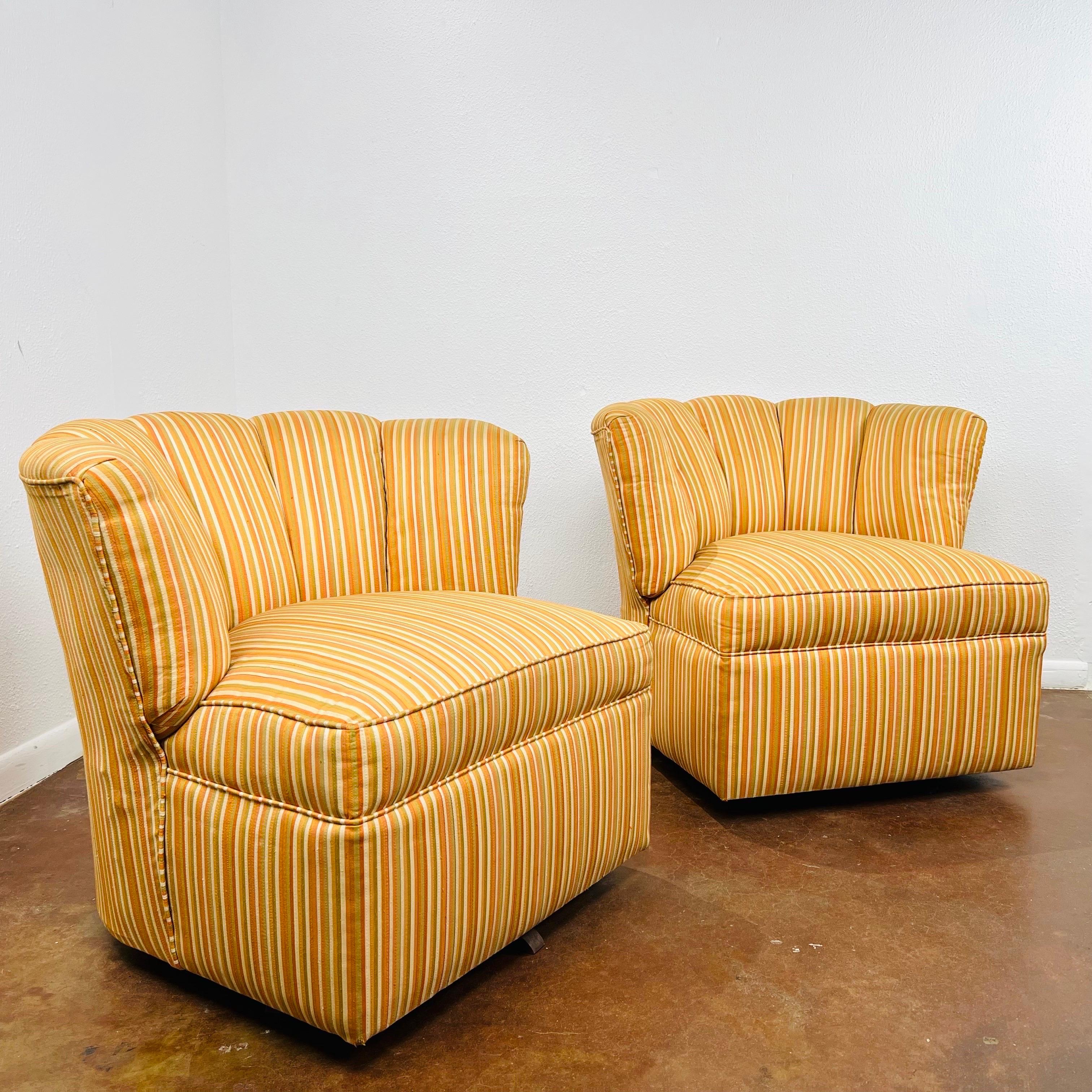 Pair of Striped Channel Back Swivel Chairs For Sale 2