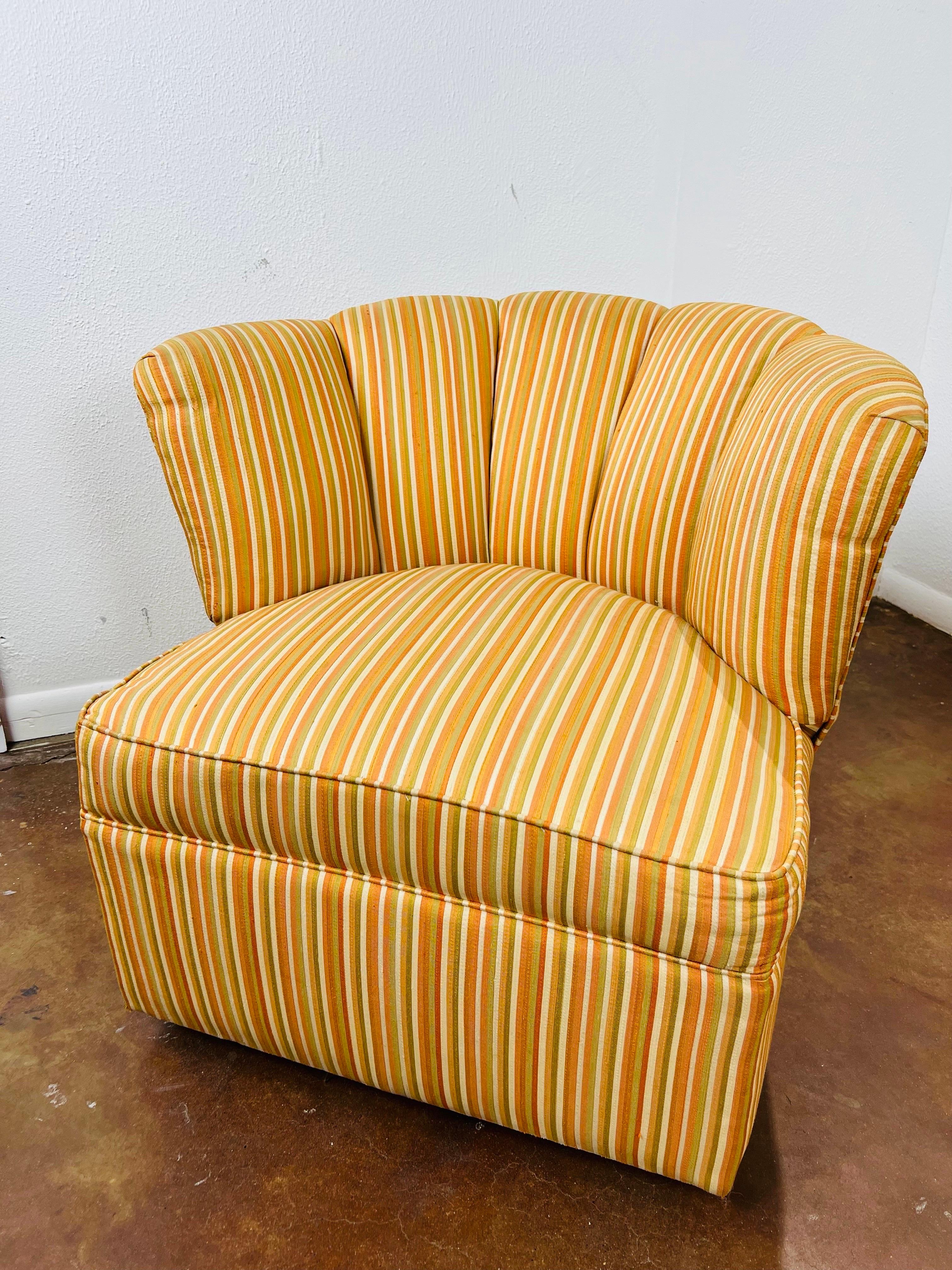 Pair of Striped Channel Back Swivel Chairs For Sale 7