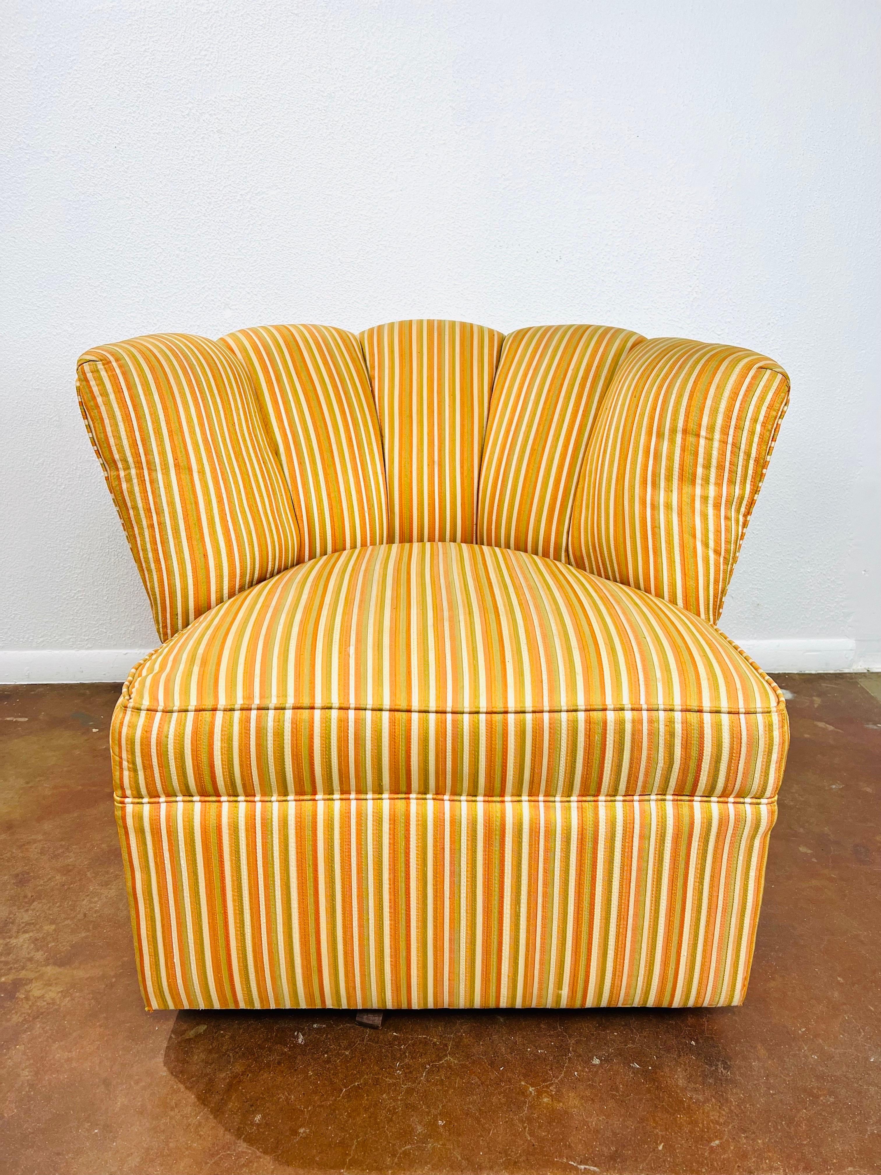 Pair of Striped Channel Back Swivel Chairs For Sale 8