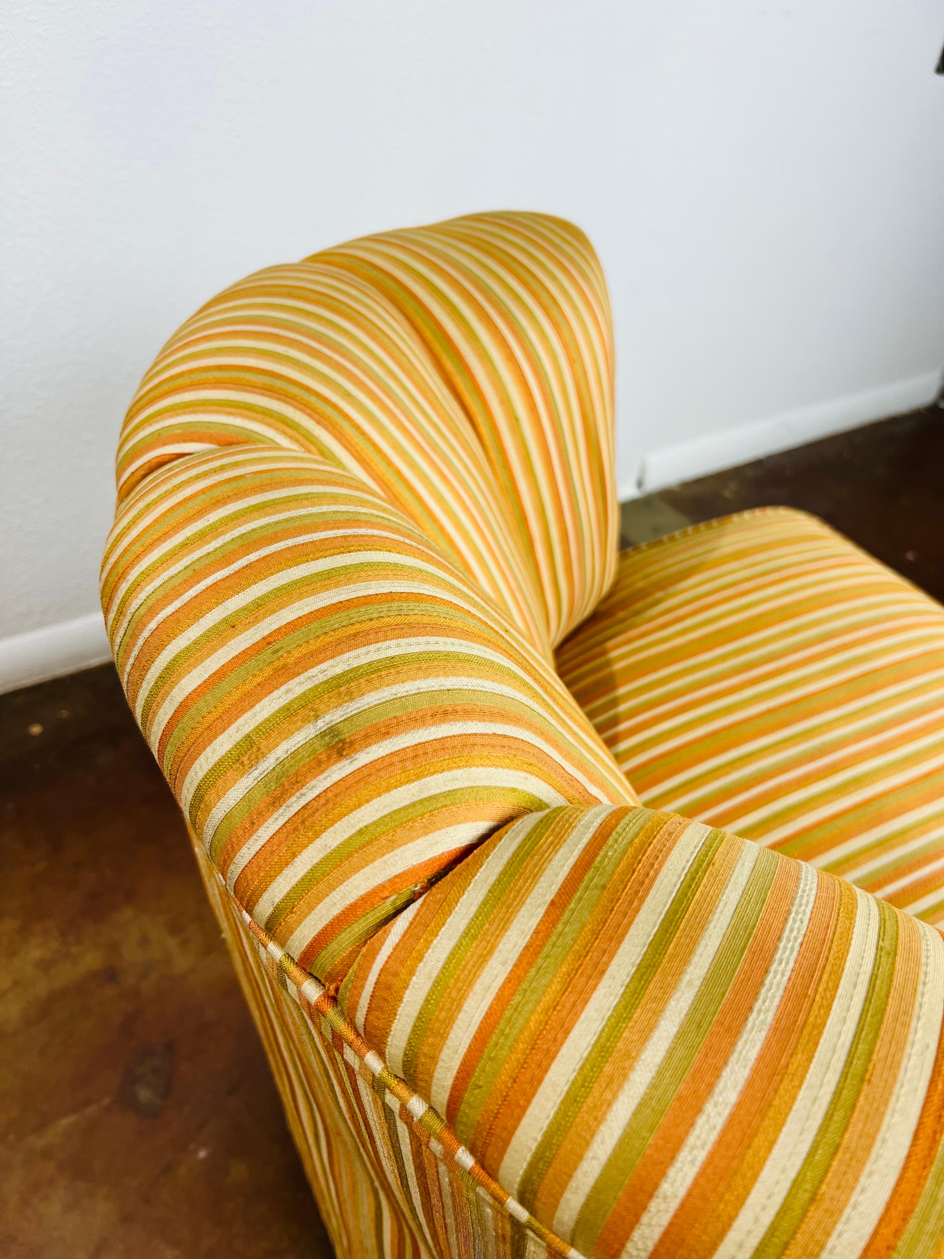 Pair of Striped Channel Back Swivel Chairs For Sale 9