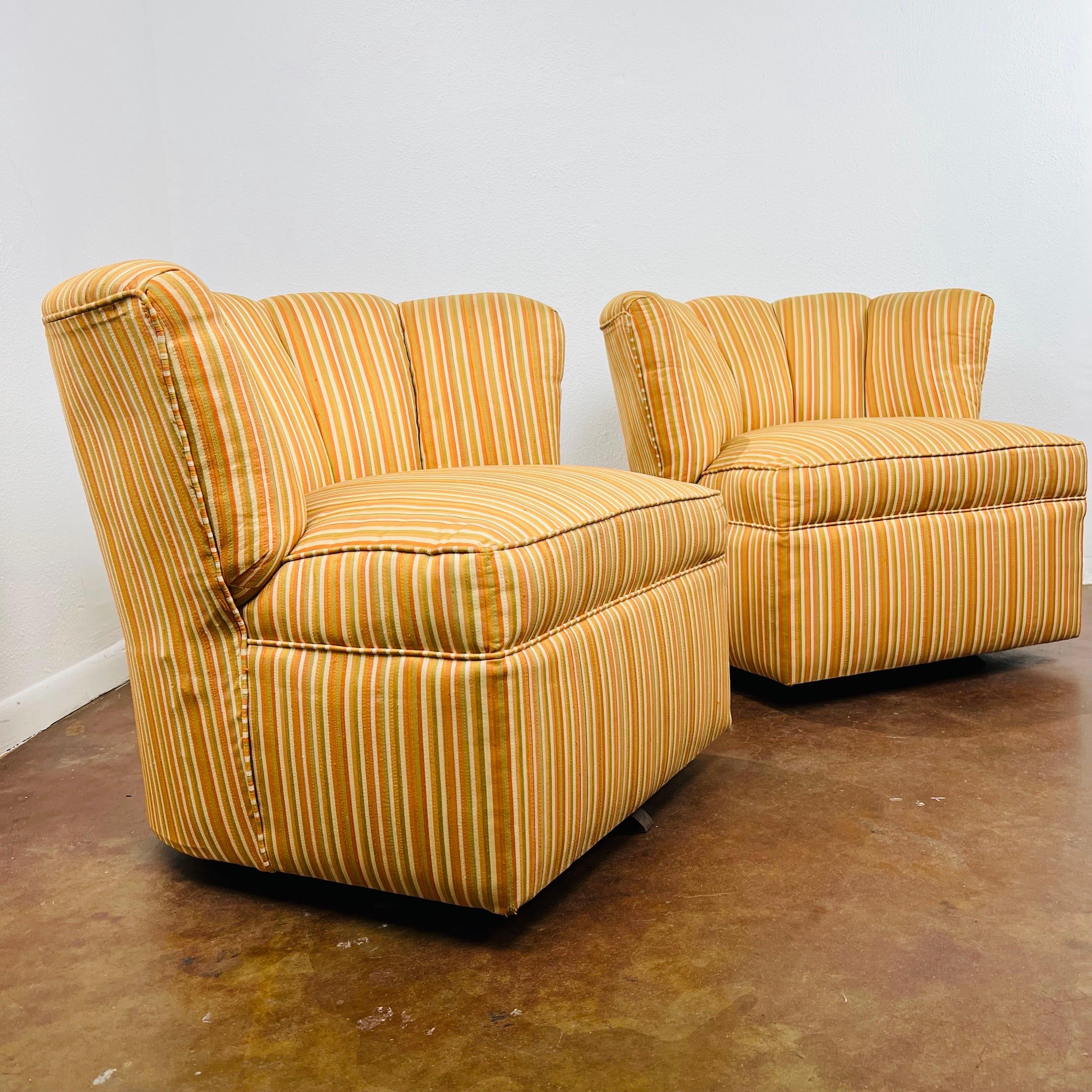 Mid-Century Modern Pair of Striped Channel Back Swivel Chairs For Sale