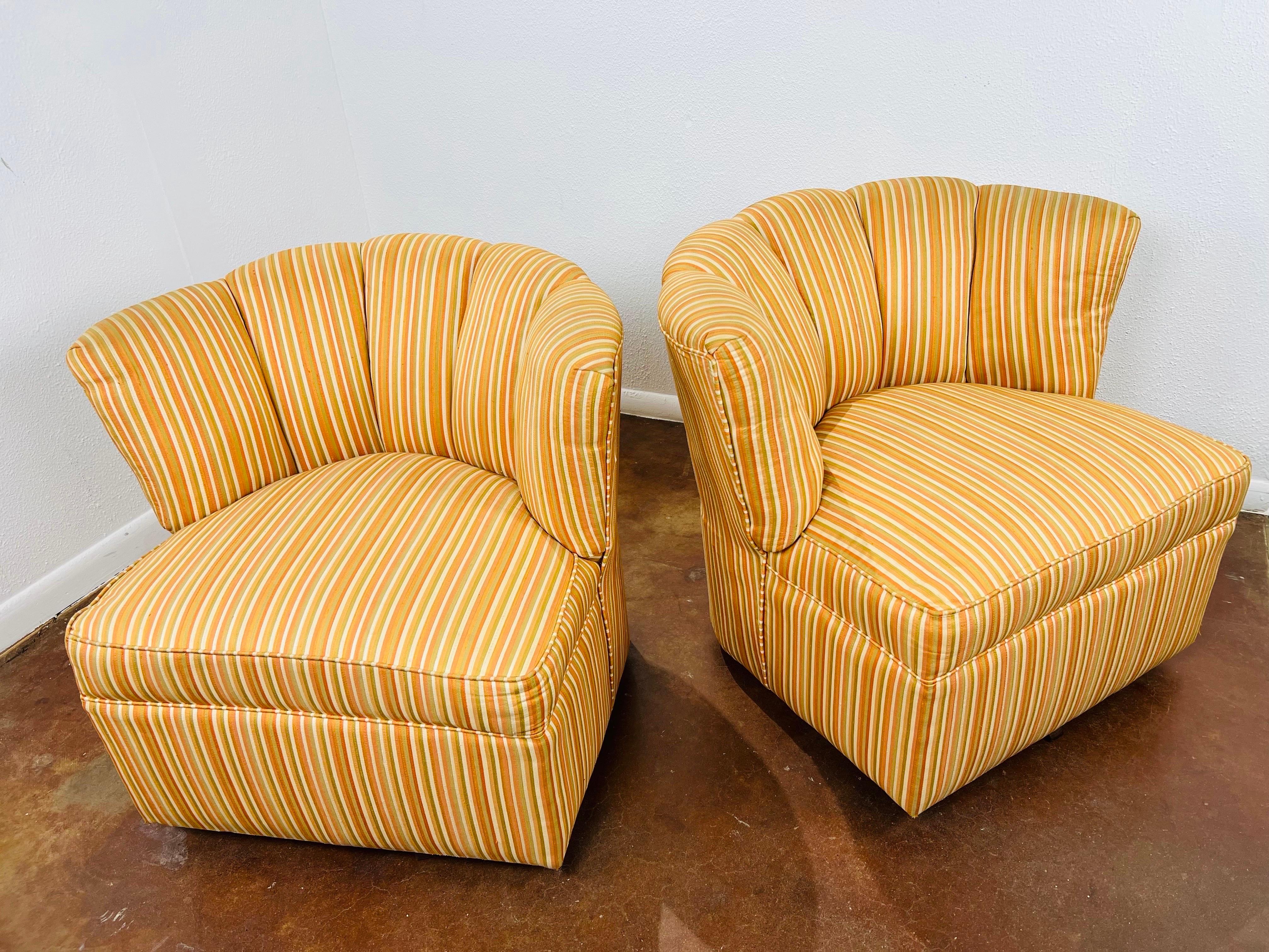 Pair of Striped Channel Back Swivel Chairs In Good Condition For Sale In Dallas, TX