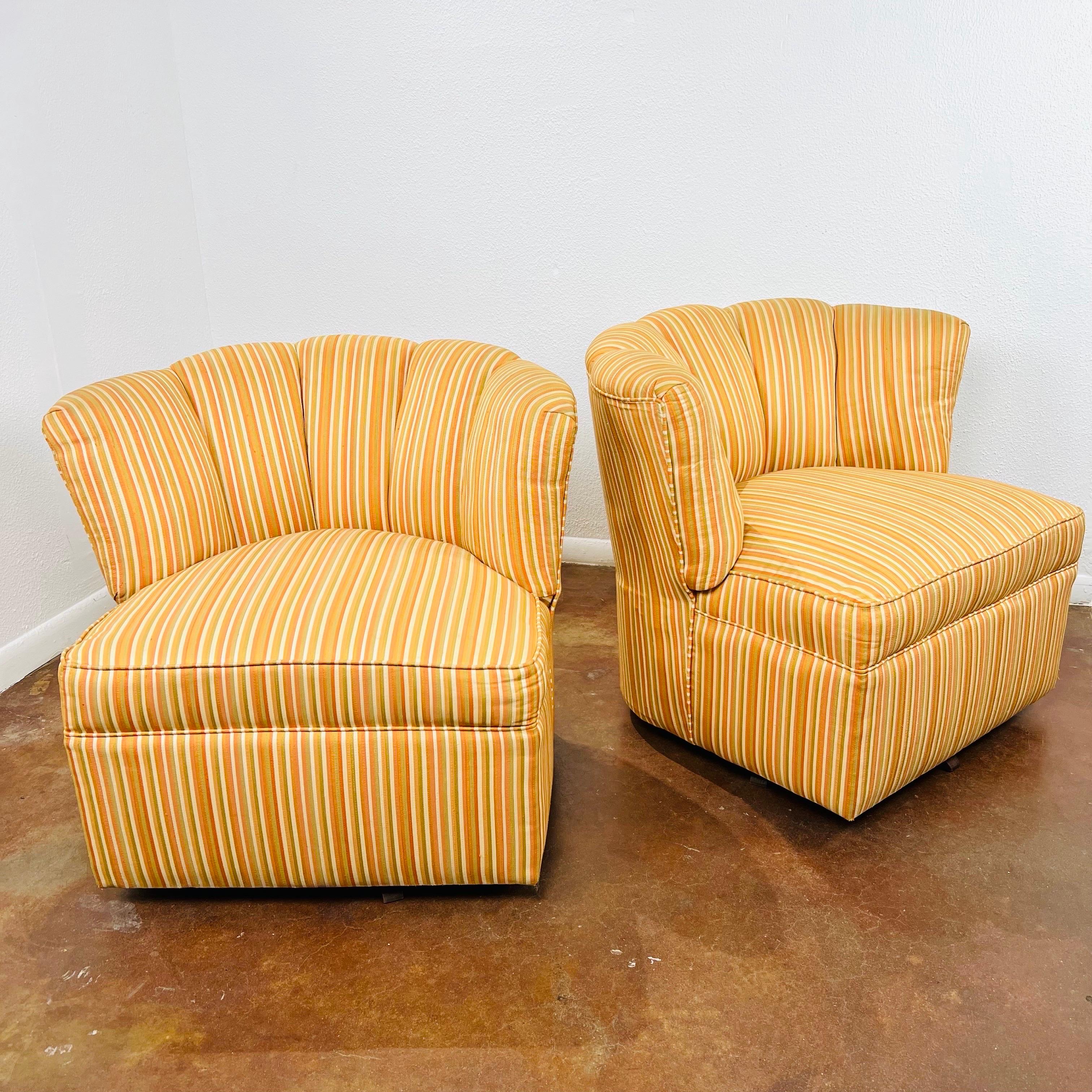 Mid-20th Century Pair of Striped Channel Back Swivel Chairs For Sale