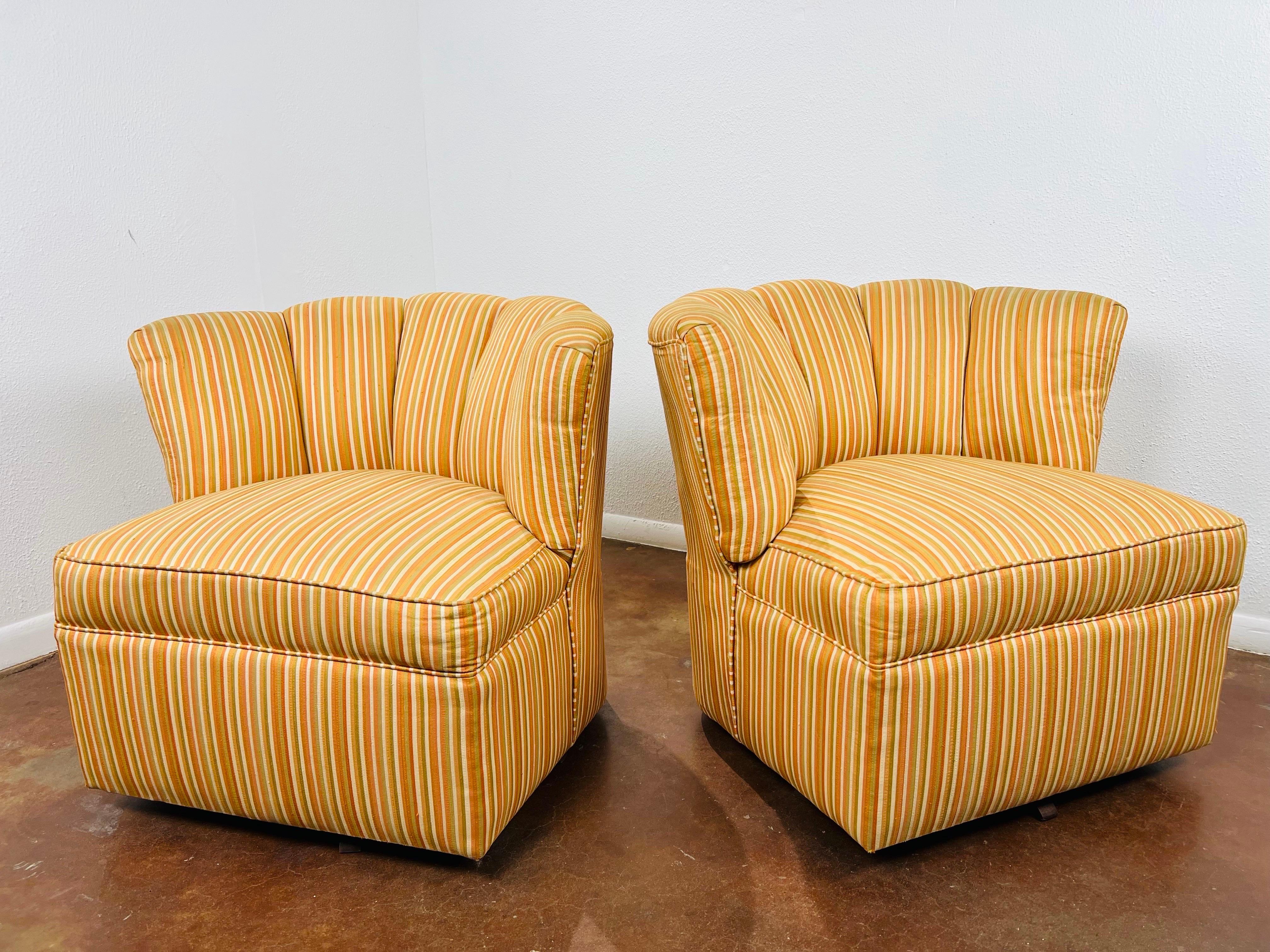 Upholstery Pair of Striped Channel Back Swivel Chairs For Sale