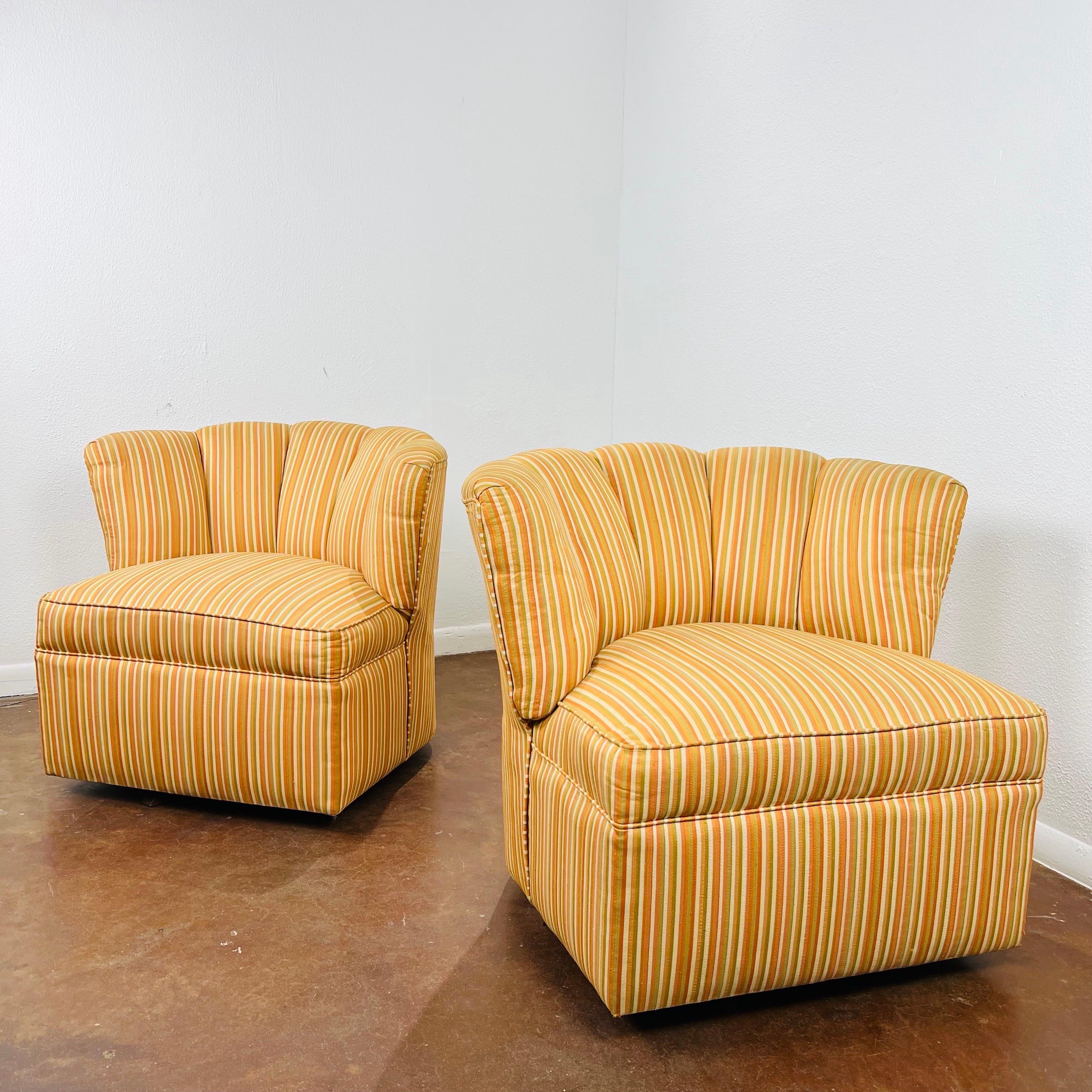Pair of Striped Channel Back Swivel Chairs For Sale 1