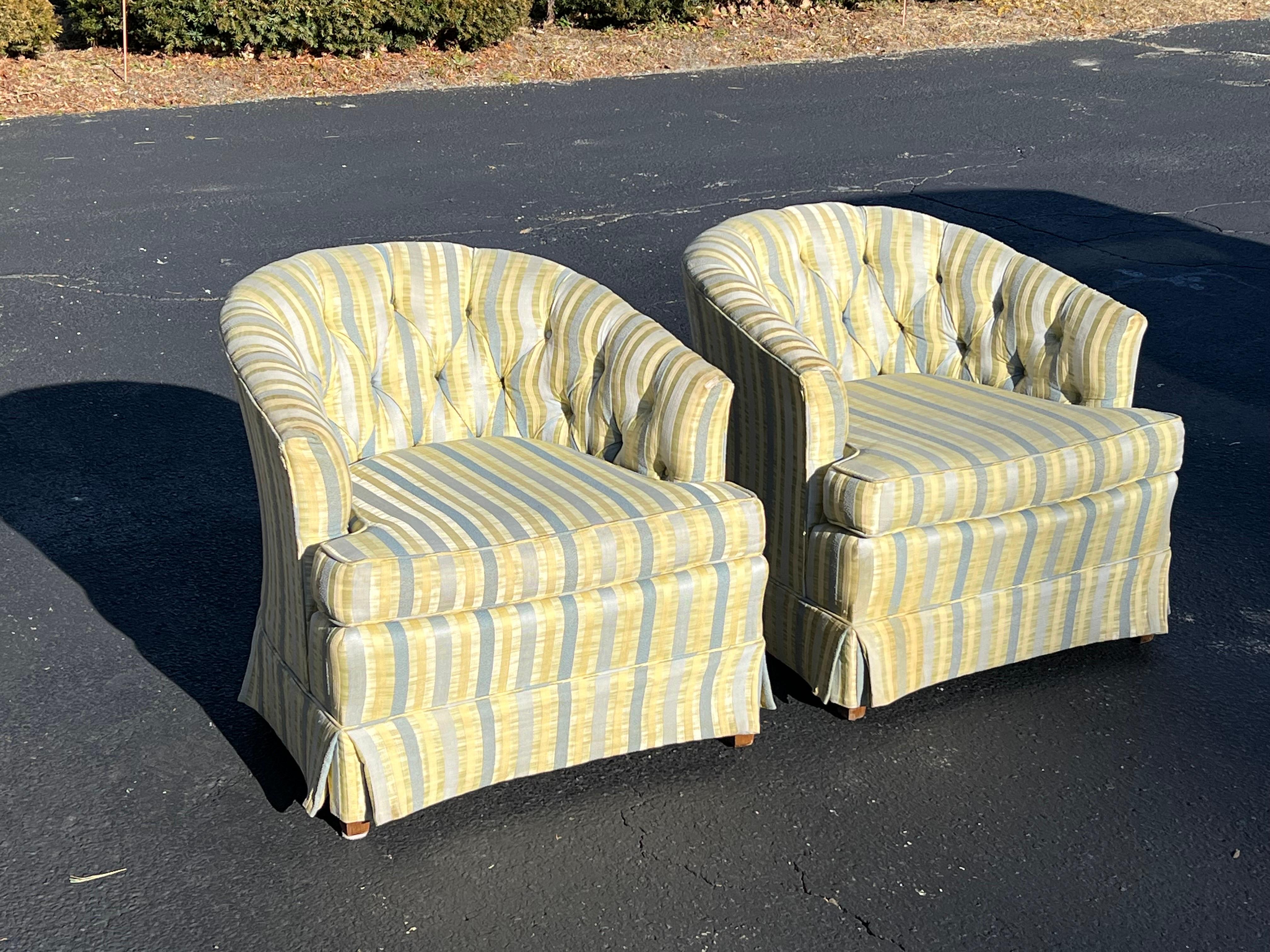 Hollywood Regency Pair of Striped Cube Club Chairs