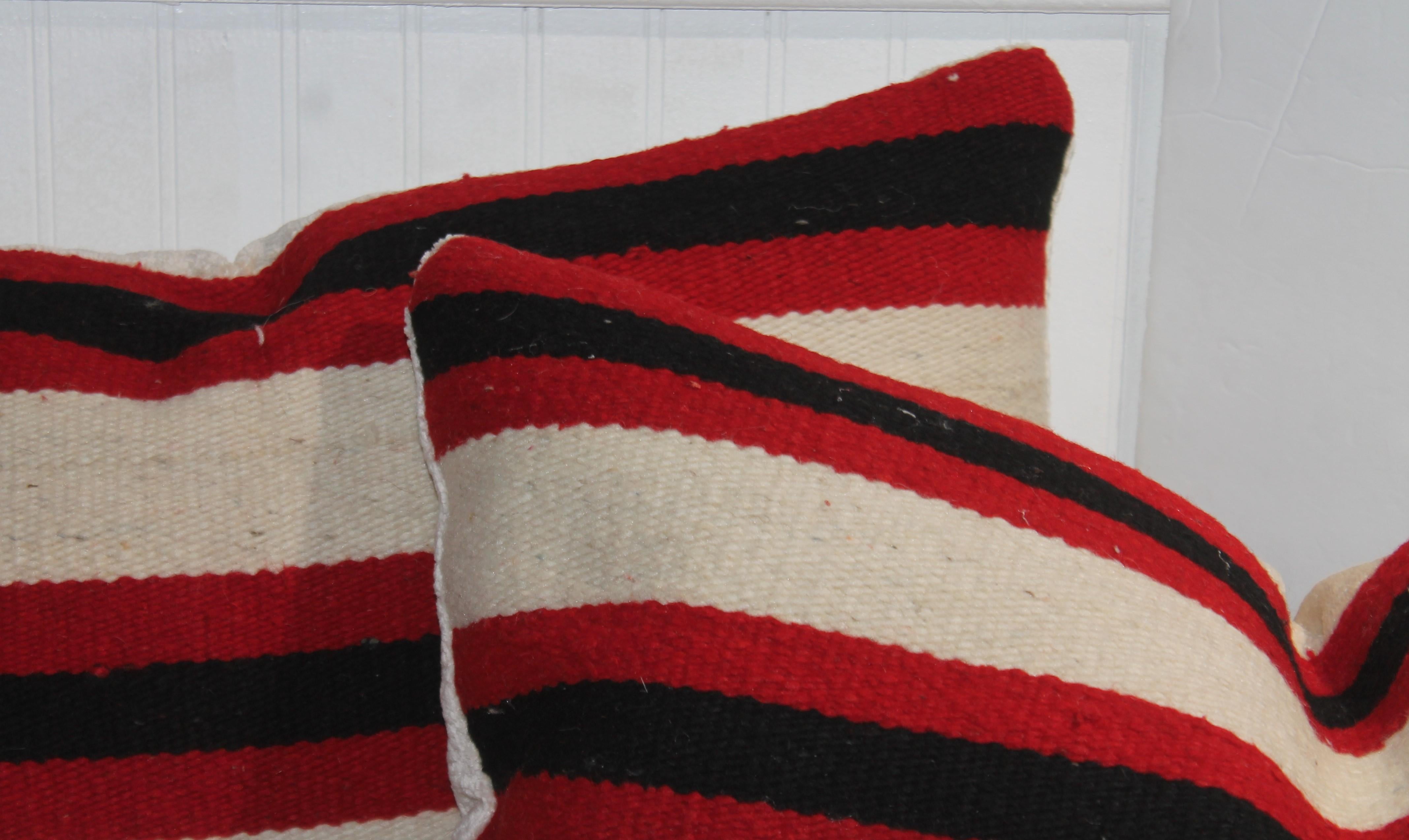 Mid-20th Century Pair of Striped Navajo Weaving Pillows with Checker Corner Pattern For Sale