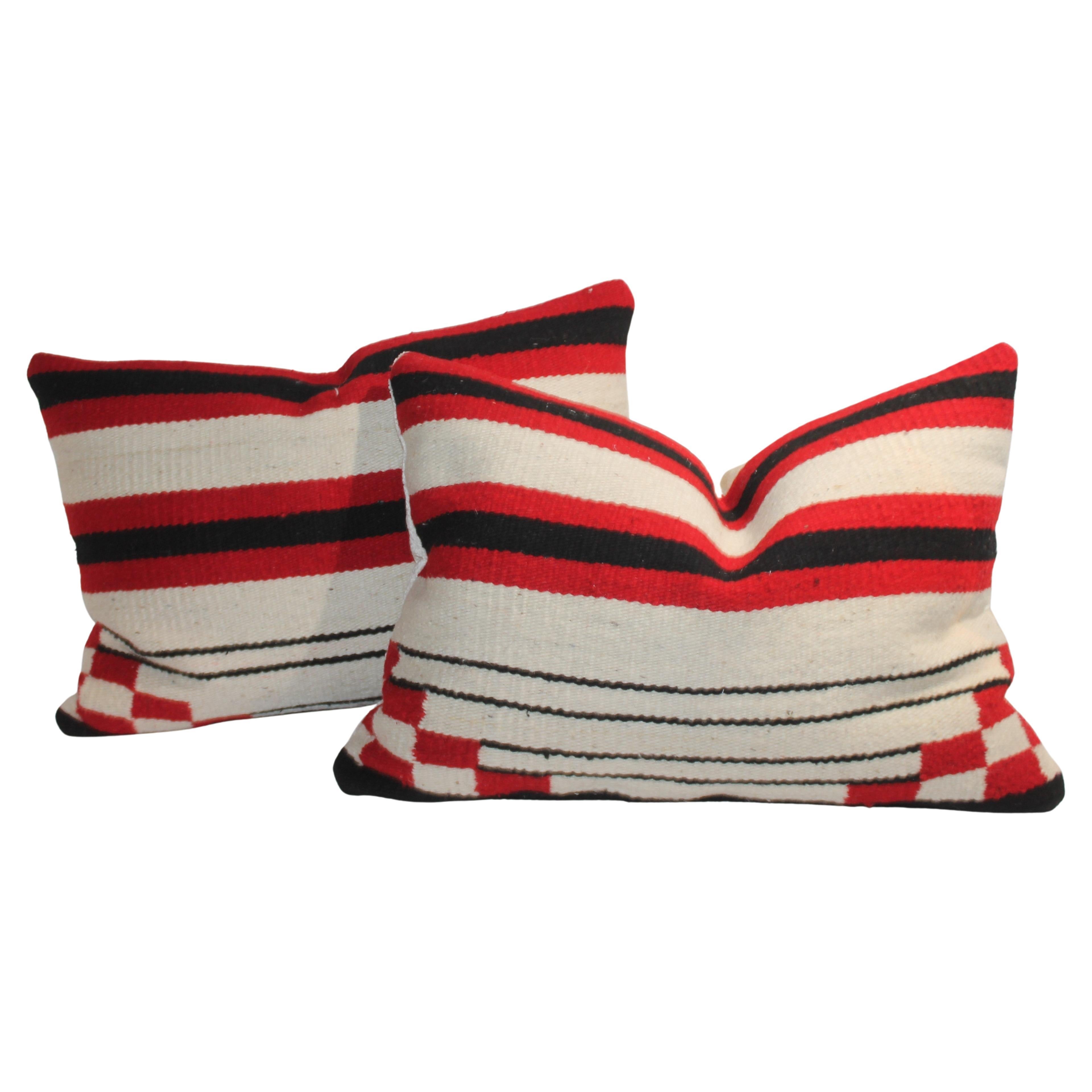 Pair of Striped Navajo Weaving Pillows with Checker Corner Pattern For Sale
