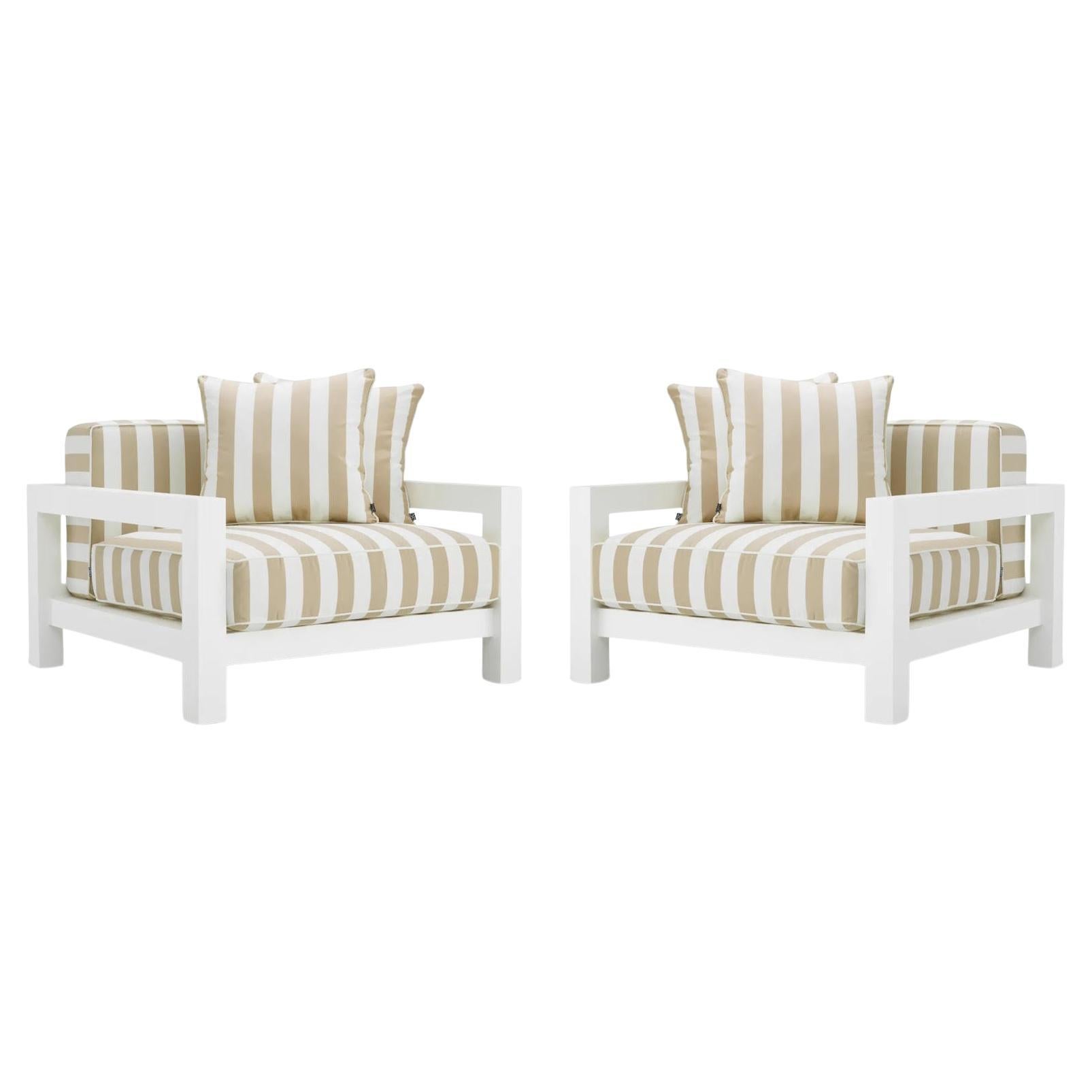 Pareja de Sillas de Exterior a Rayas, Acabado Blanco Mate y Beige, Estructura de Aluminio. en venta