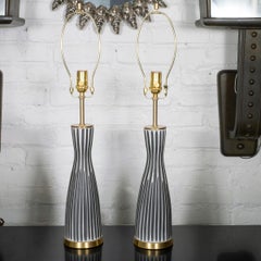 Pair of striped relief ceramic table lamps