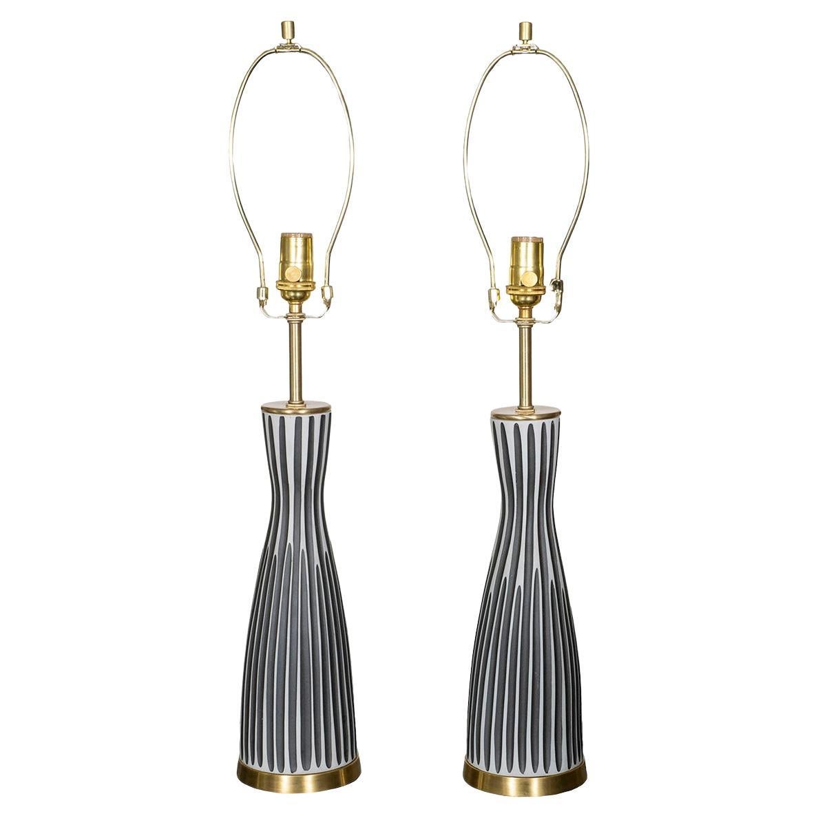 Pair of striped relief ceramic table lamps