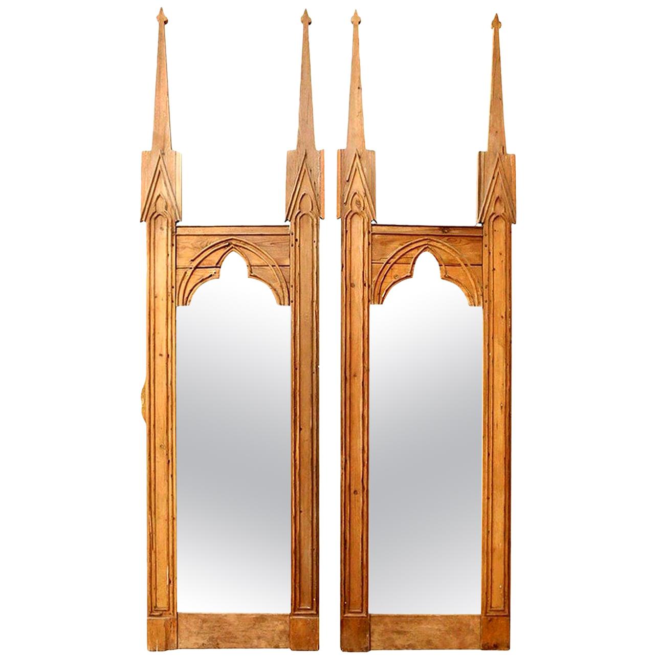 Pair of Neo Gothic Stripped Pine Mirrors For Sale 5