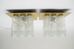 Pair of Structered Glass and Brass Flush Mounts from Limburg, 1960s