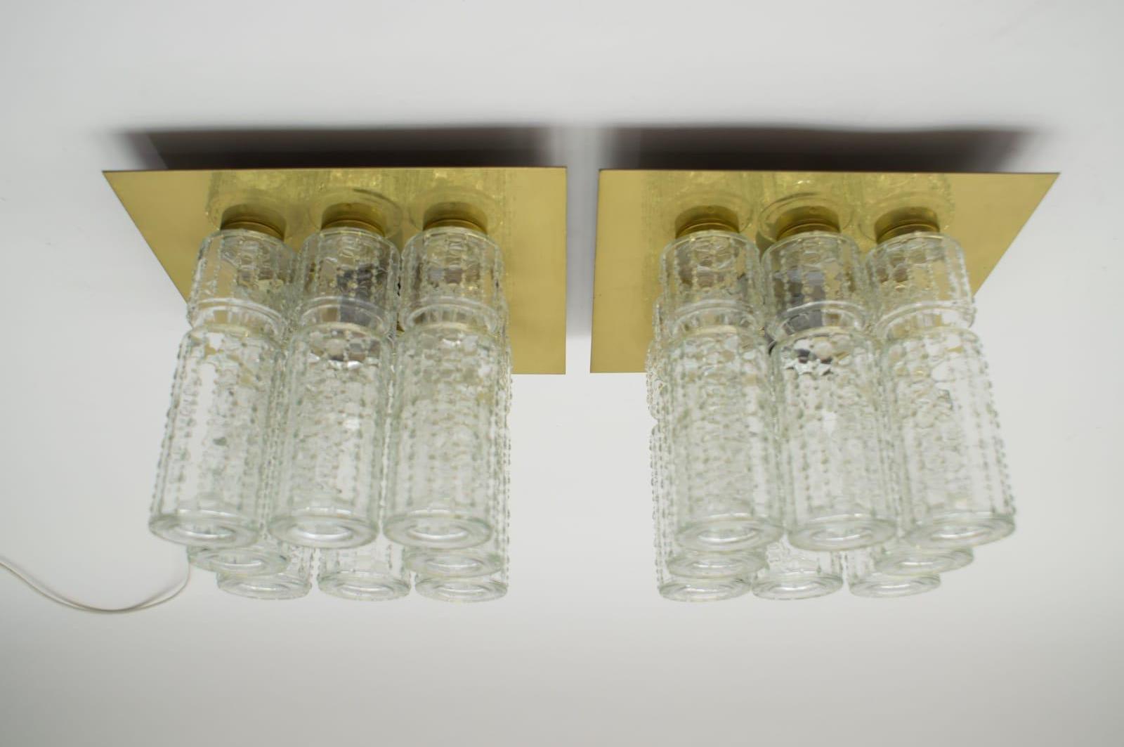 Mid-Century Modern Pair of Structered Glass and Brass Flush Mounts from Limburg, 1960s For Sale