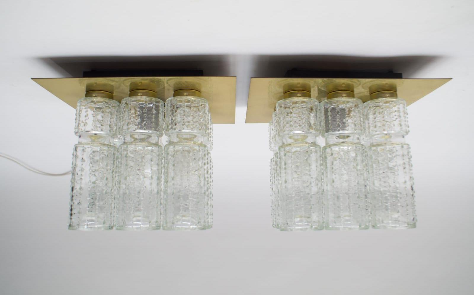 German Pair of Structered Glass and Brass Flush Mounts from Limburg, 1960s For Sale
