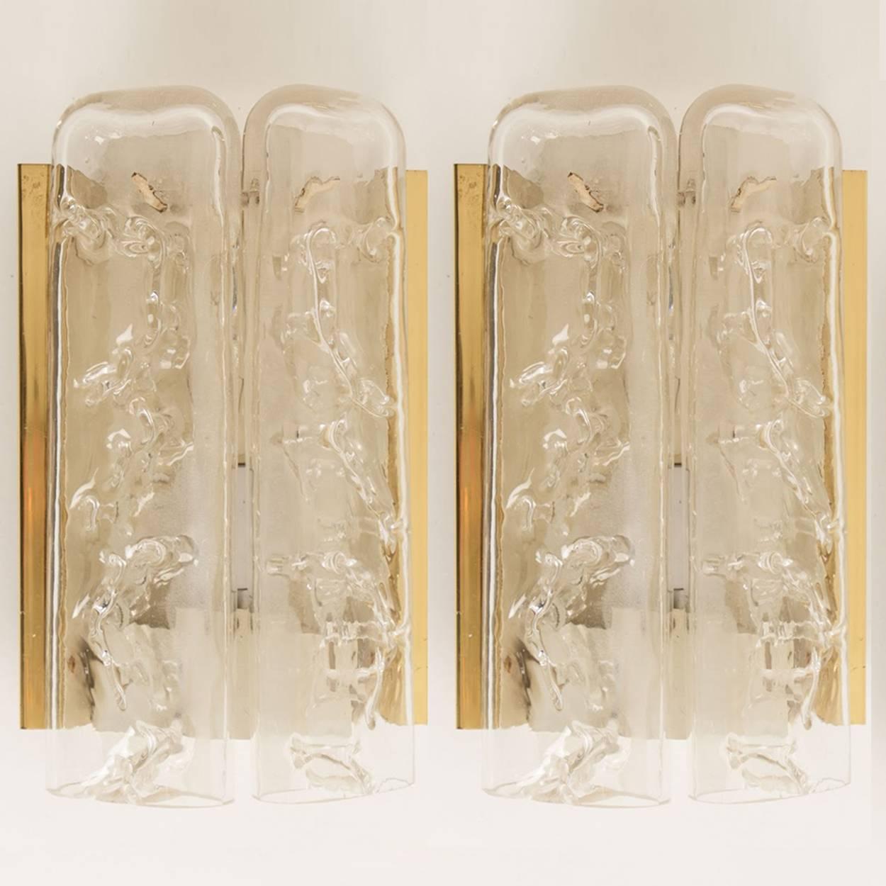 Mid-Century Modern Pair of Structured Ice Glass and Brass Wall Sconces by Doria, 1960