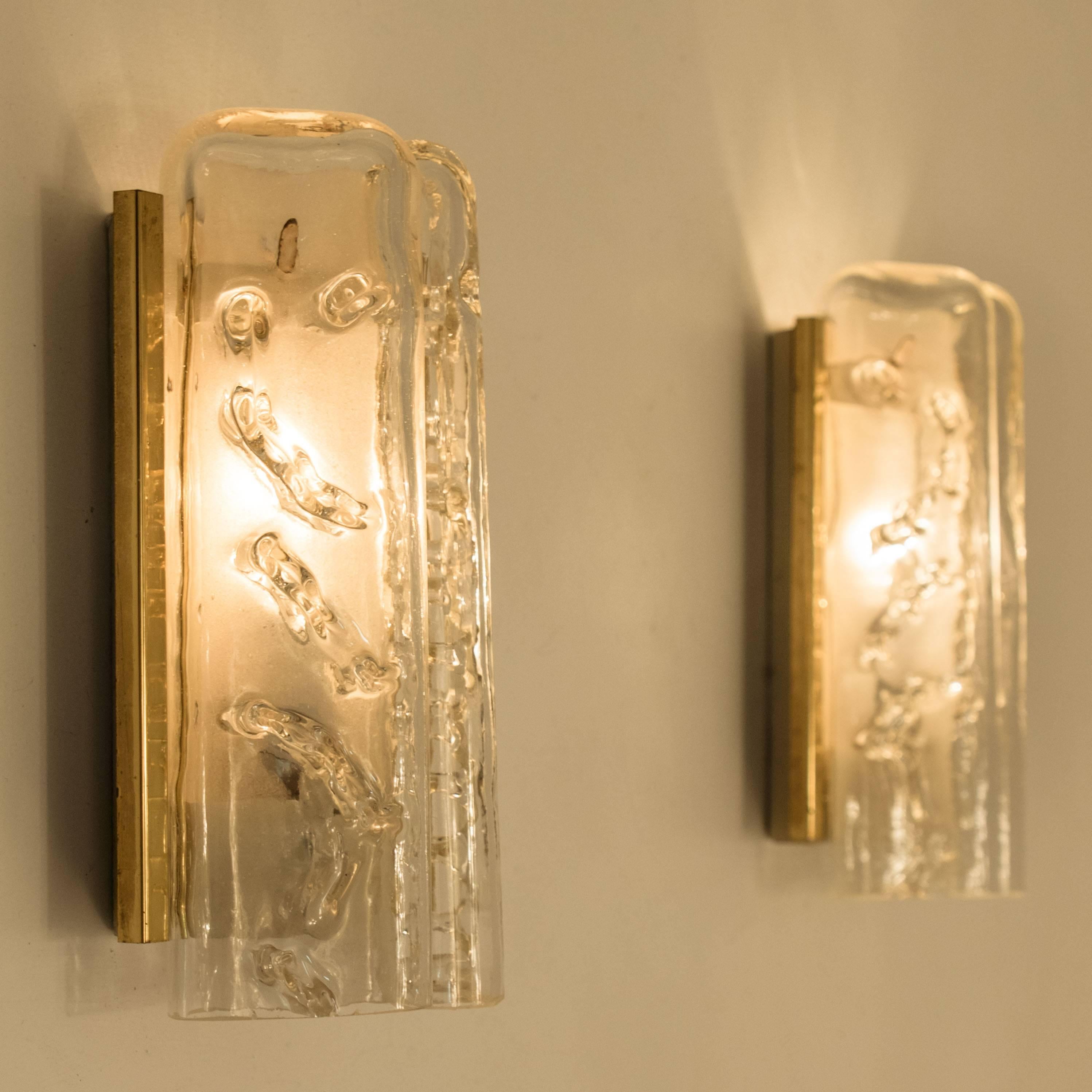 German Pair of Structured Ice Glass and Brass Wall Sconces by Doria, 1960