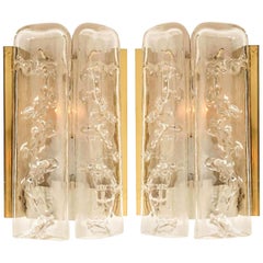 Pair of Structured Ice Glass and Brass Wall Sconces by Doria, 1960