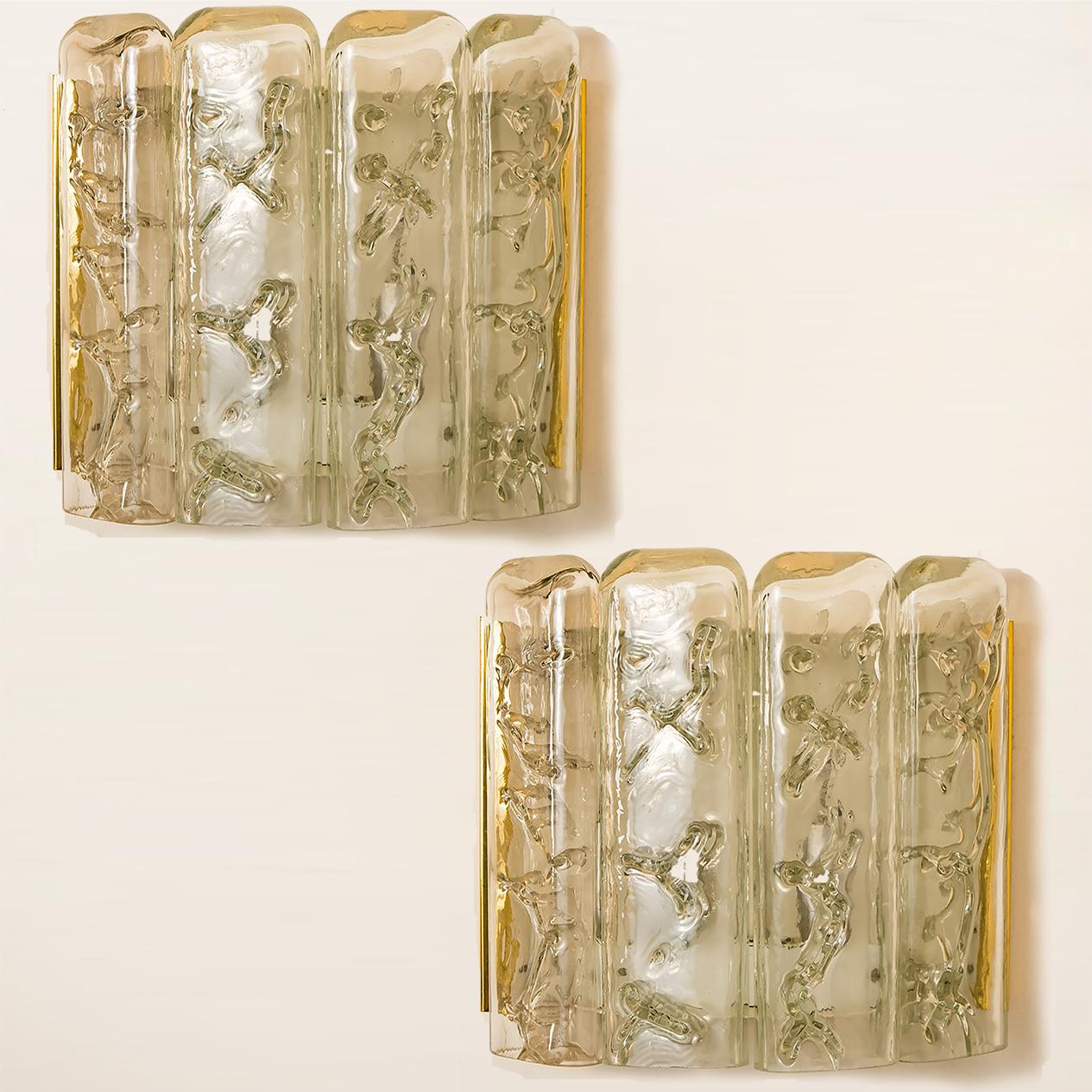 Pair of Structured Ice Glass and Brass Wall Sconces by Doria, 1970s In Good Condition For Sale In Rijssen, NL