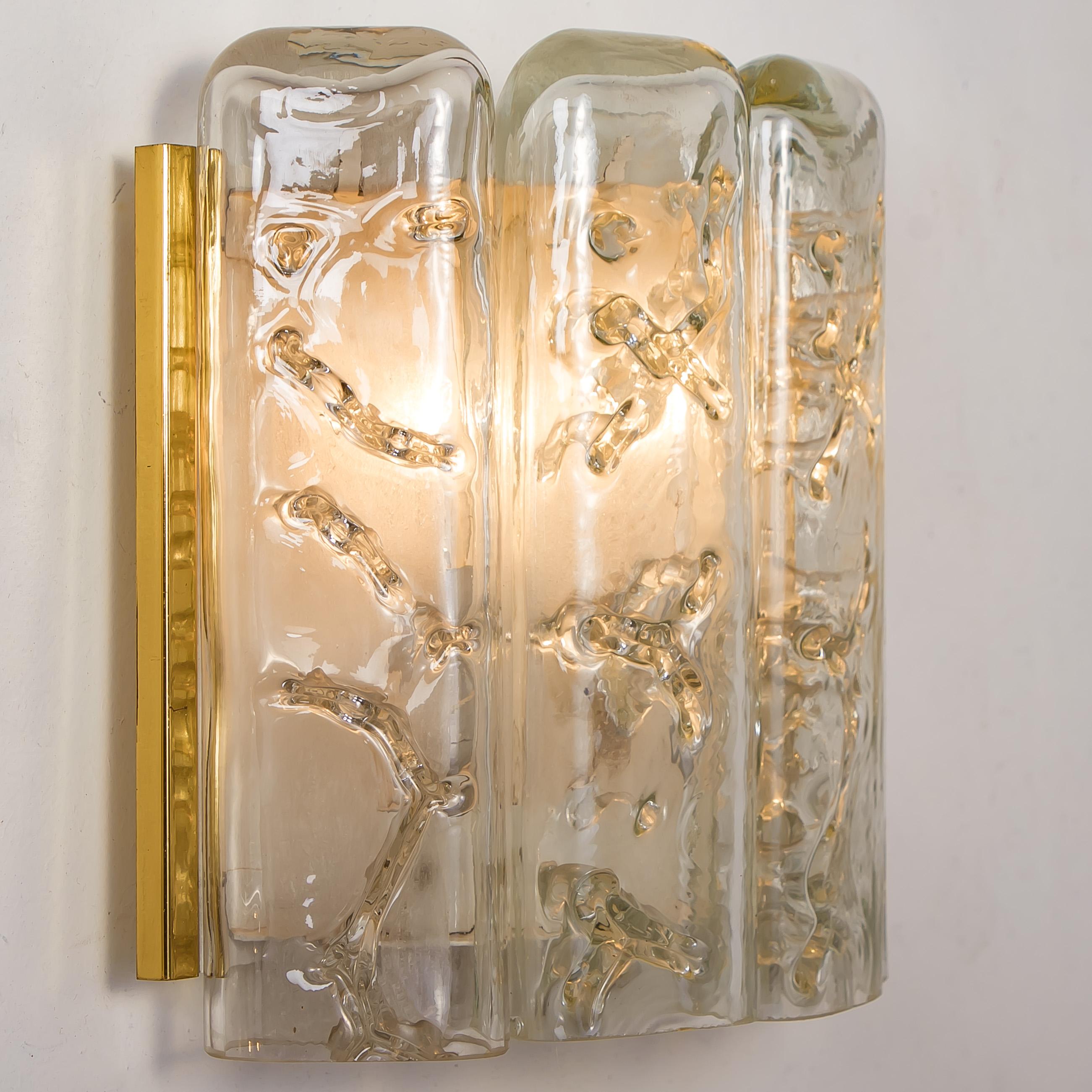 20th Century Pair of Structured Ice Glass and Brass Wall Sconces by Doria, 1970s For Sale