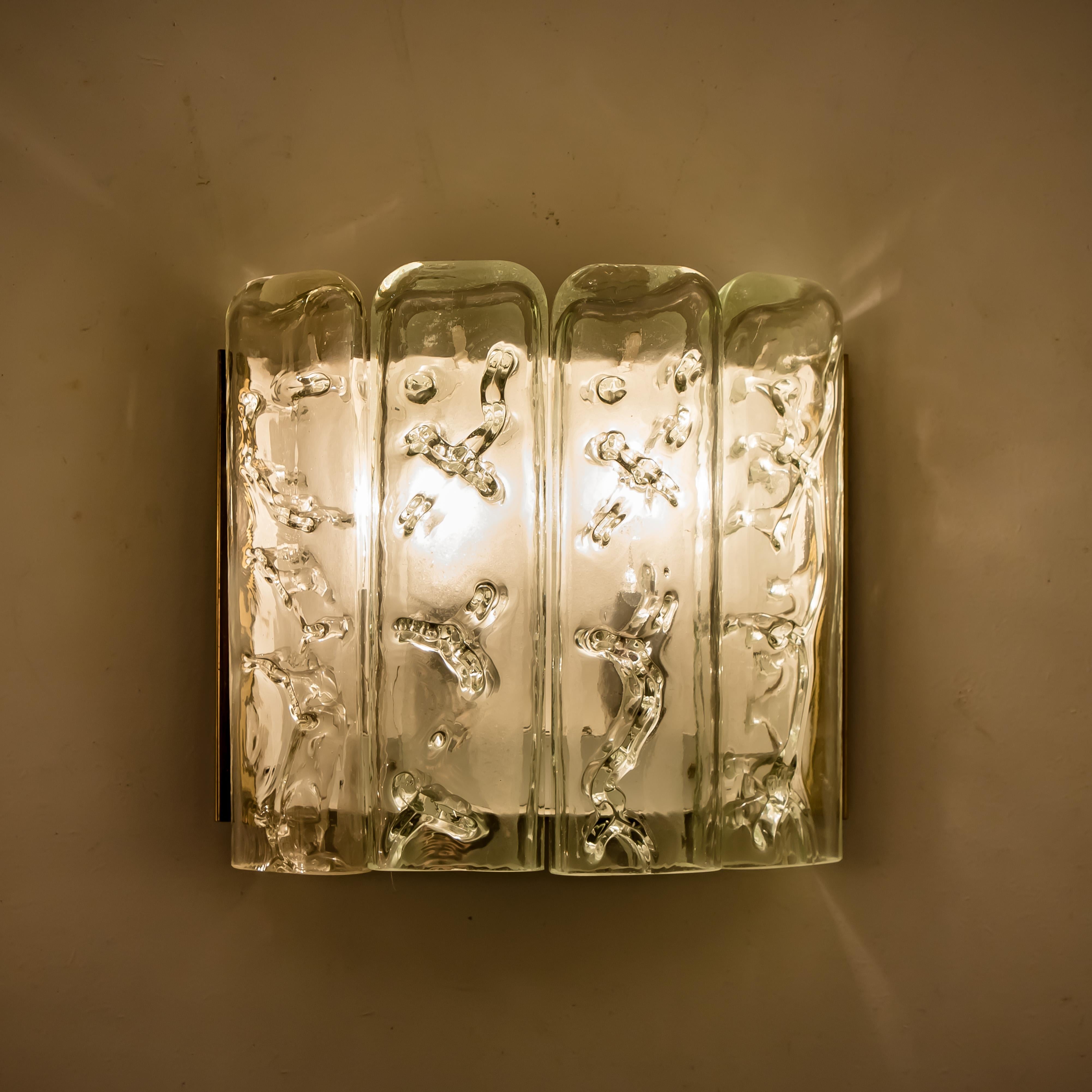 Pair of Structured Ice Glass and Brass Wall Sconces by Doria, 1970s For Sale 2