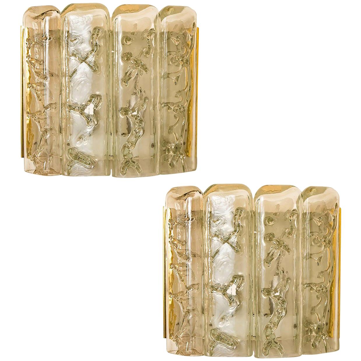 Pair of Structured Ice Glass and Brass Wall Sconces by Doria, 1970s