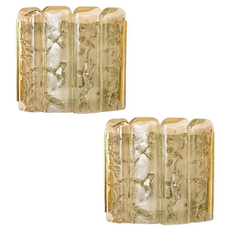 Pair of Structured Ice Glass and Brass Wall Sconces by Doria, 1970s