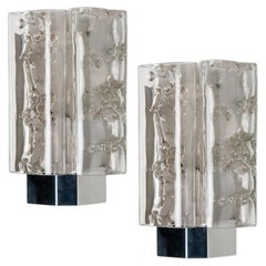Pair of Structured Ice Glass and Chrome Wall Sconces by Doria, 1970