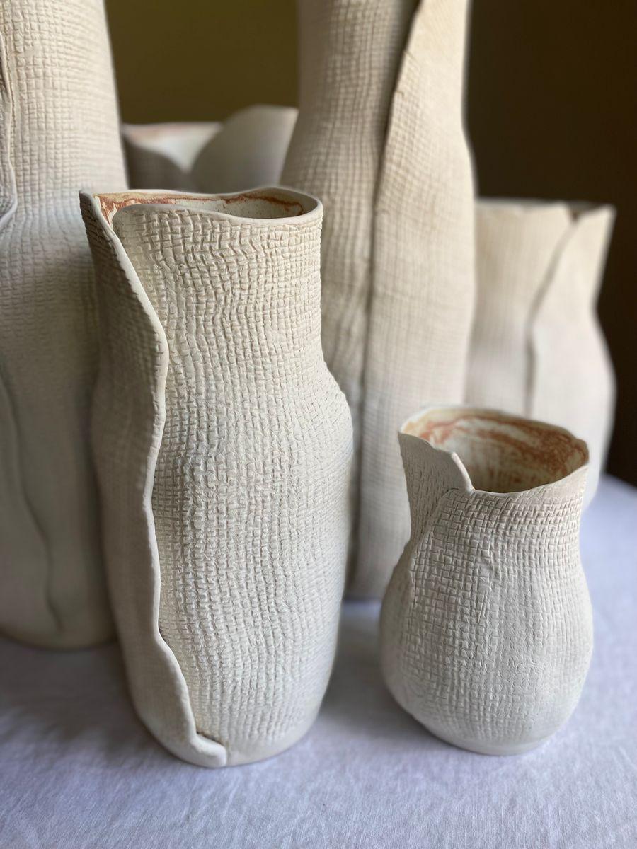 Hand-Crafted Pair of Struttura Ceramic Textured Vases by Cym Warkov For Sale