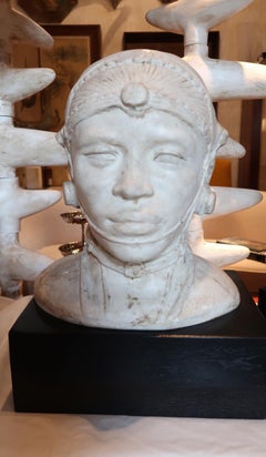 Pair of Stucco and Wood Base Modern French Bust Sculptures, 1990