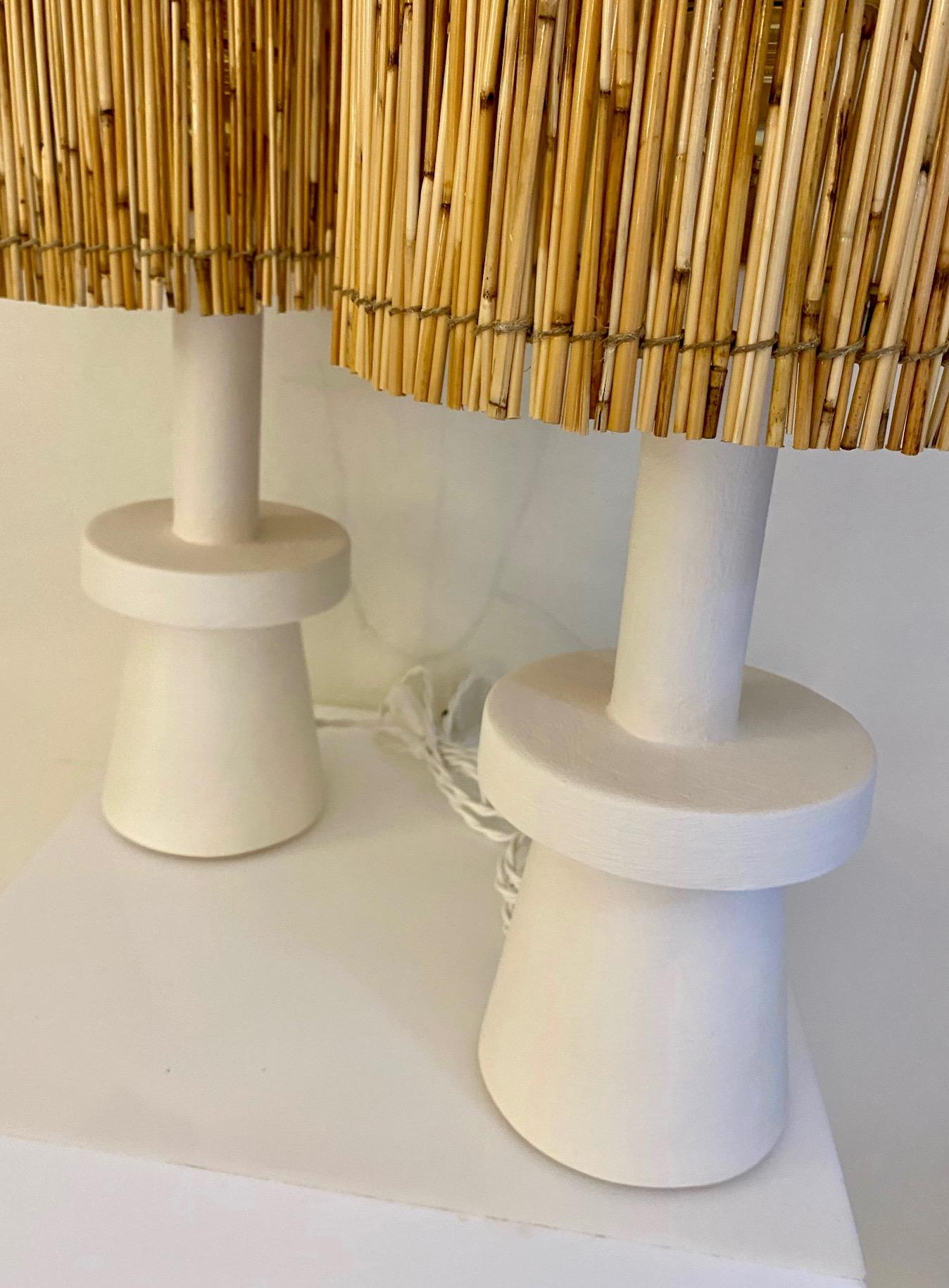 French Pair of stuccoed plaster table lamps with straw shades For Sale