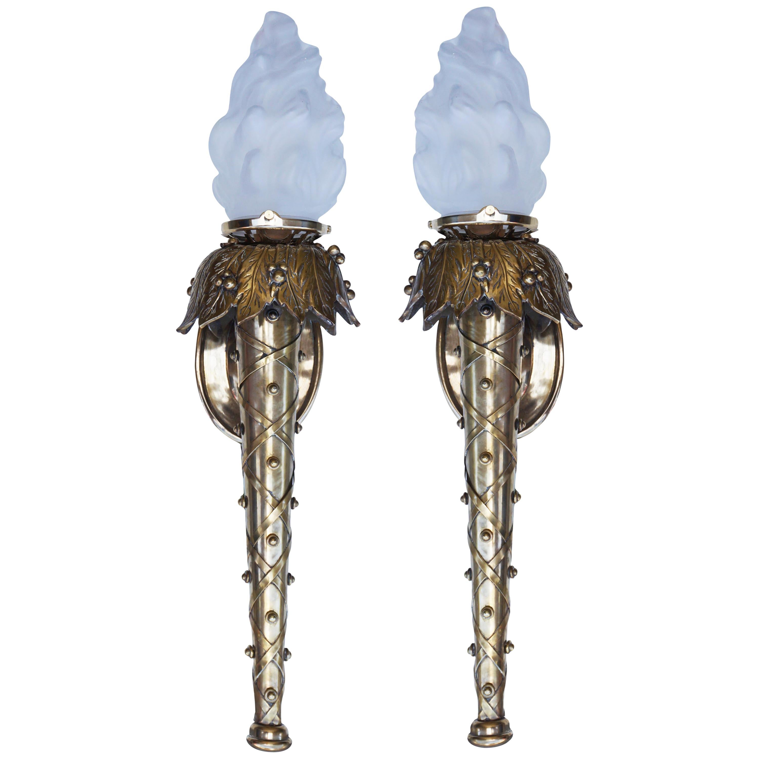 Pair of Studded Brass Torchère Wall Sconces For Sale