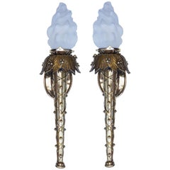 Pair of Studded Brass Torchère Wall Sconces