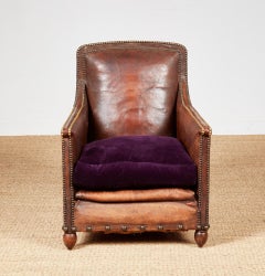 Pair of Studded Leather Club Chairs with Bespoke Purple Cushion Seats
